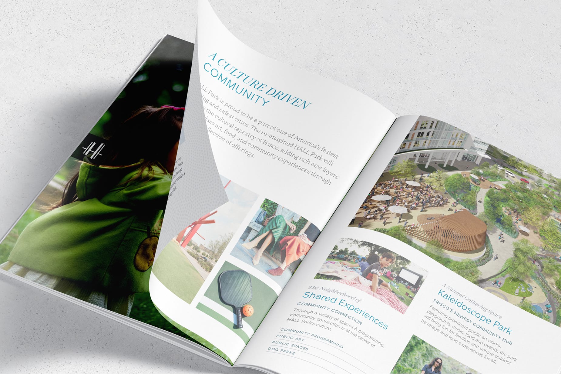 Open brochure spread featuring Kaleidoscope Park renderings and community programming details for Hall Park - brand identity and print collateral by RSM Design
