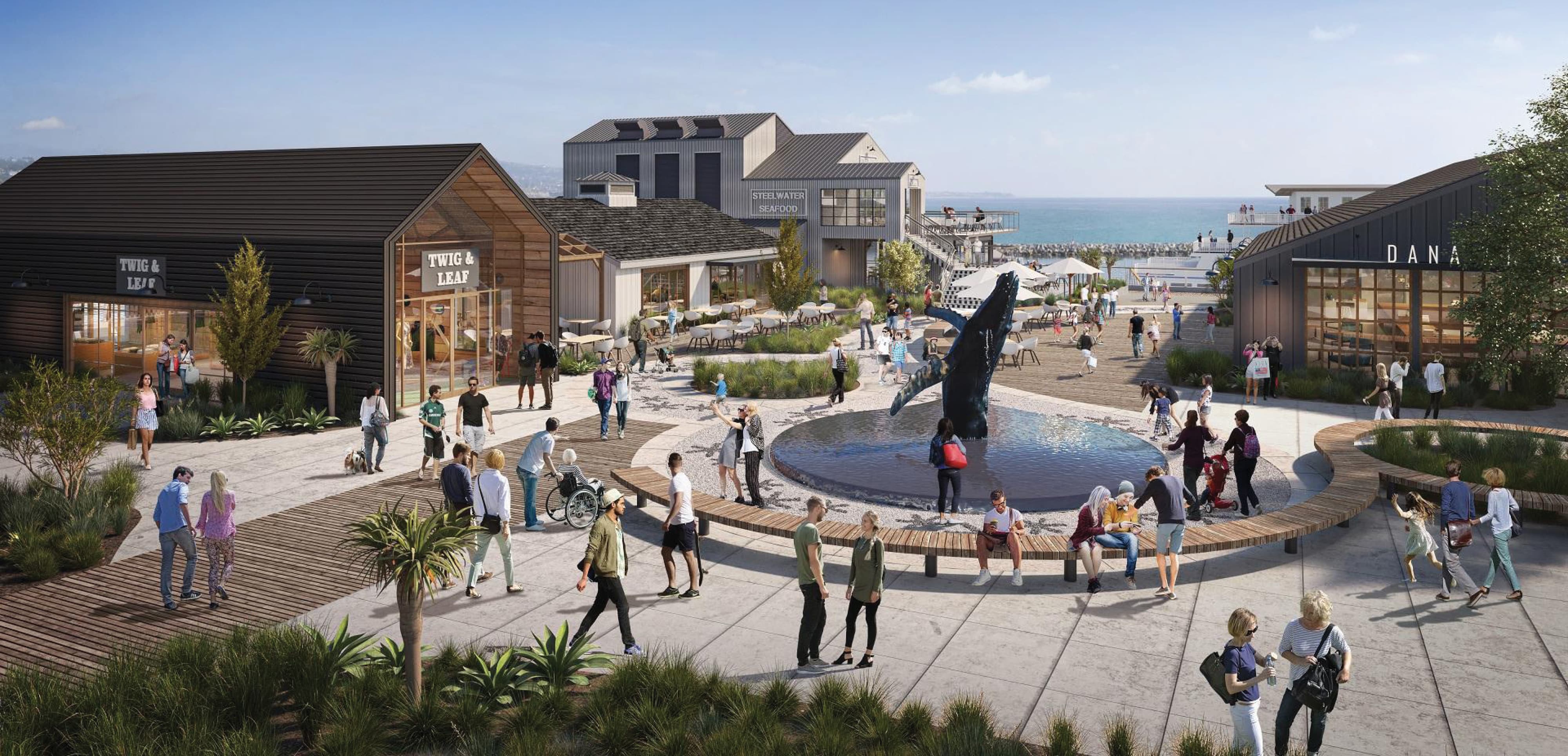 Architectural rendering of Dana Point Harbor revitalization central plaza featuring a whale sculpture public art landmark fountain, tenant identification signage for Twig & Leaf, Steelwater Seafood, and Dana, activated pedestrian gathering space with circular seating, native coastal landscaping, and Pacific Ocean views — RSM Design art programs, public art, experiential placemaking, wayfinding and signage design, master sign programs, and environmental graphic design for waterfront, civic, mixed-use, food and beverage, and park destinations.
