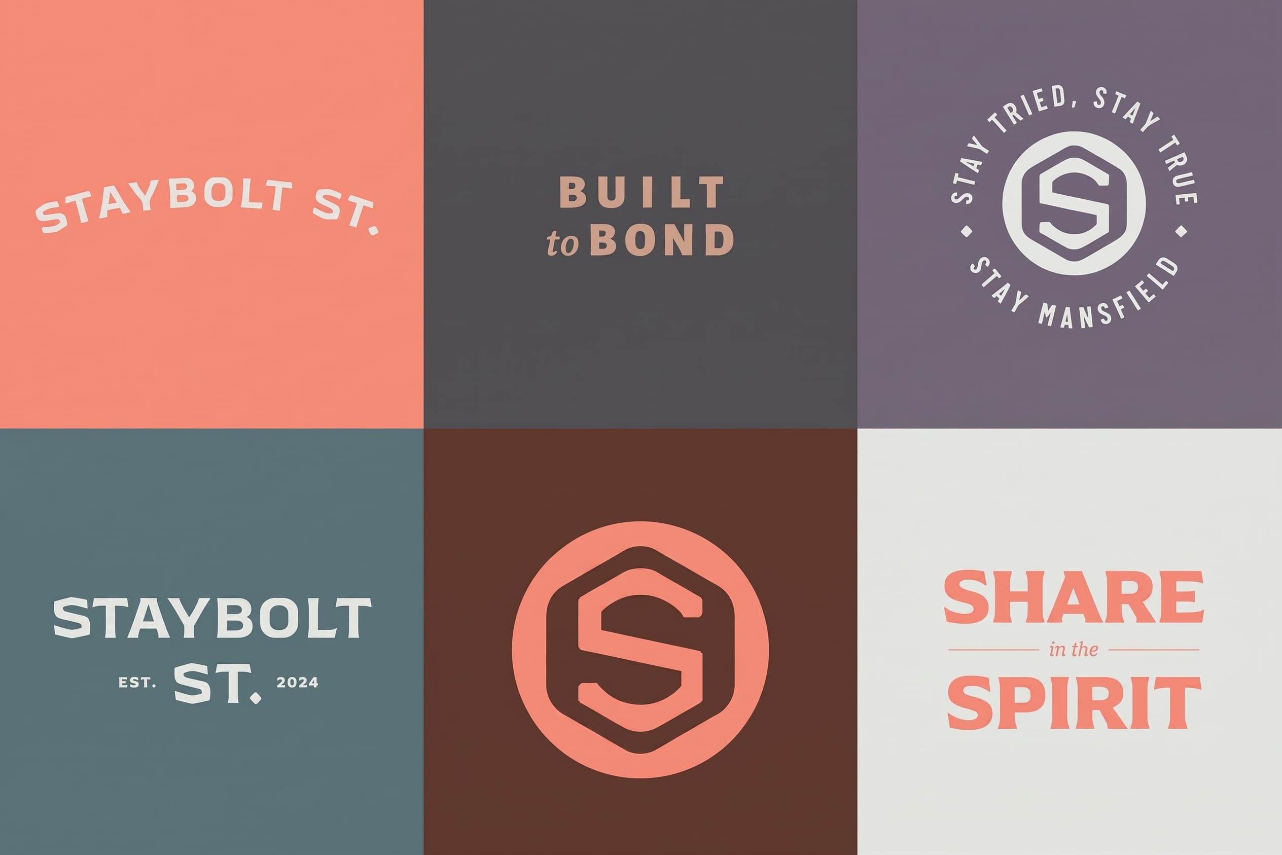 Staybolt Street brand identity system with logo variations, wordmarks, and brand messaging across color palette — branding by RSM Design