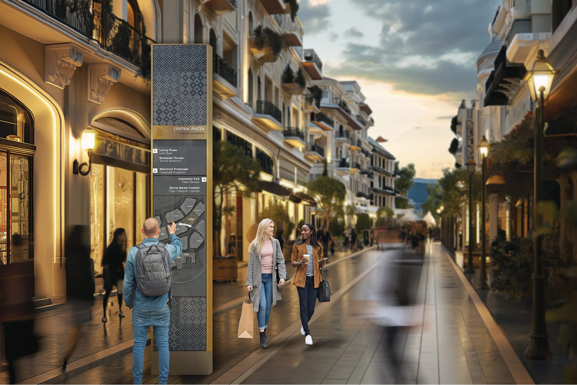 A vertical digital kiosk anchors the pedestrian experience, combining mapping, directional information, and layered content to support intuitive navigation within an active urban setting.