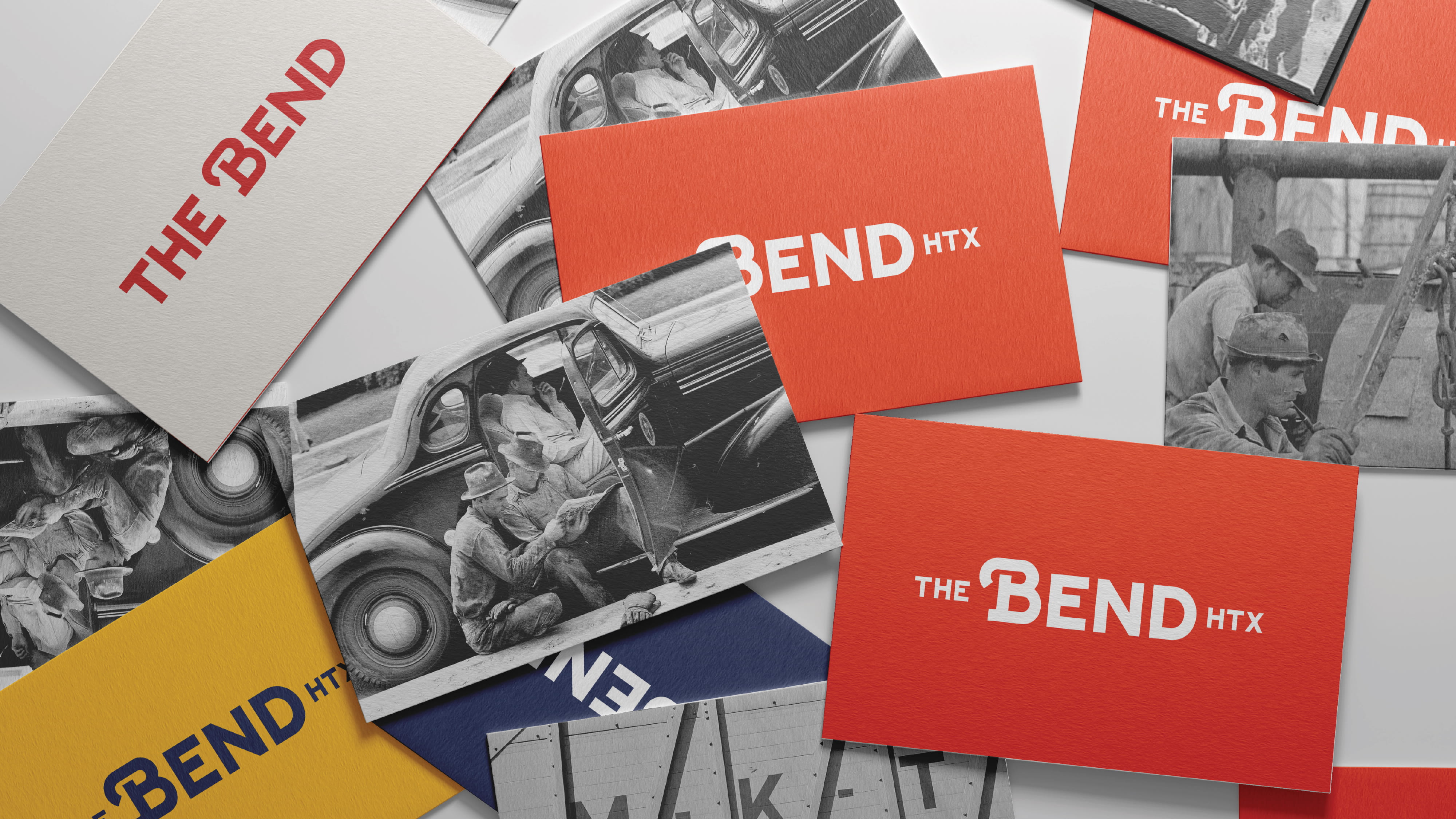 Brand identity and visual storytelling materials for The Bend HTX featuring logo applications, typography, and historic imagery, illustrating brand strategy, graphic design, and placemaking for a mixed-use retail and hospitality destination.