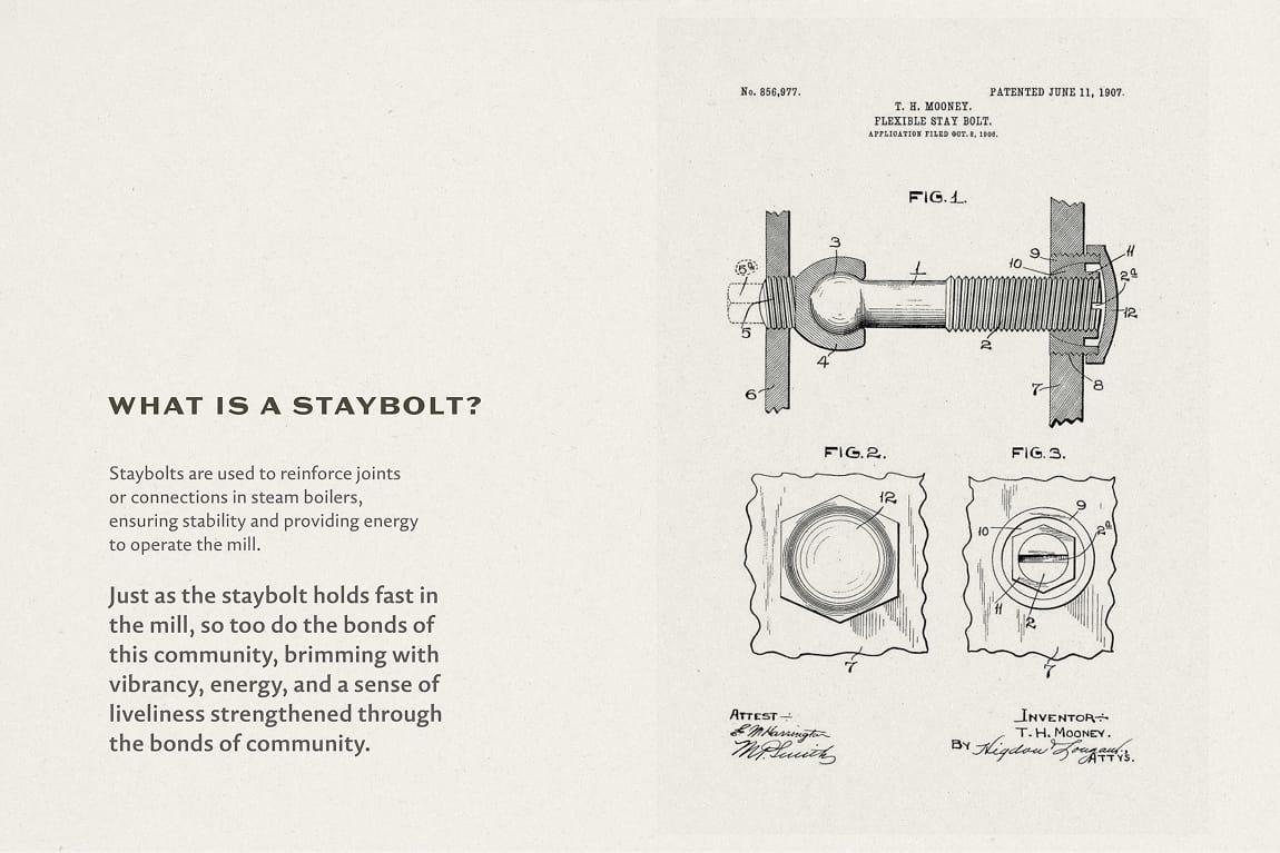Staybolt Street brand origin story graphic with 1907 staybolt patent illustration and district narrative — branding by RSM Design