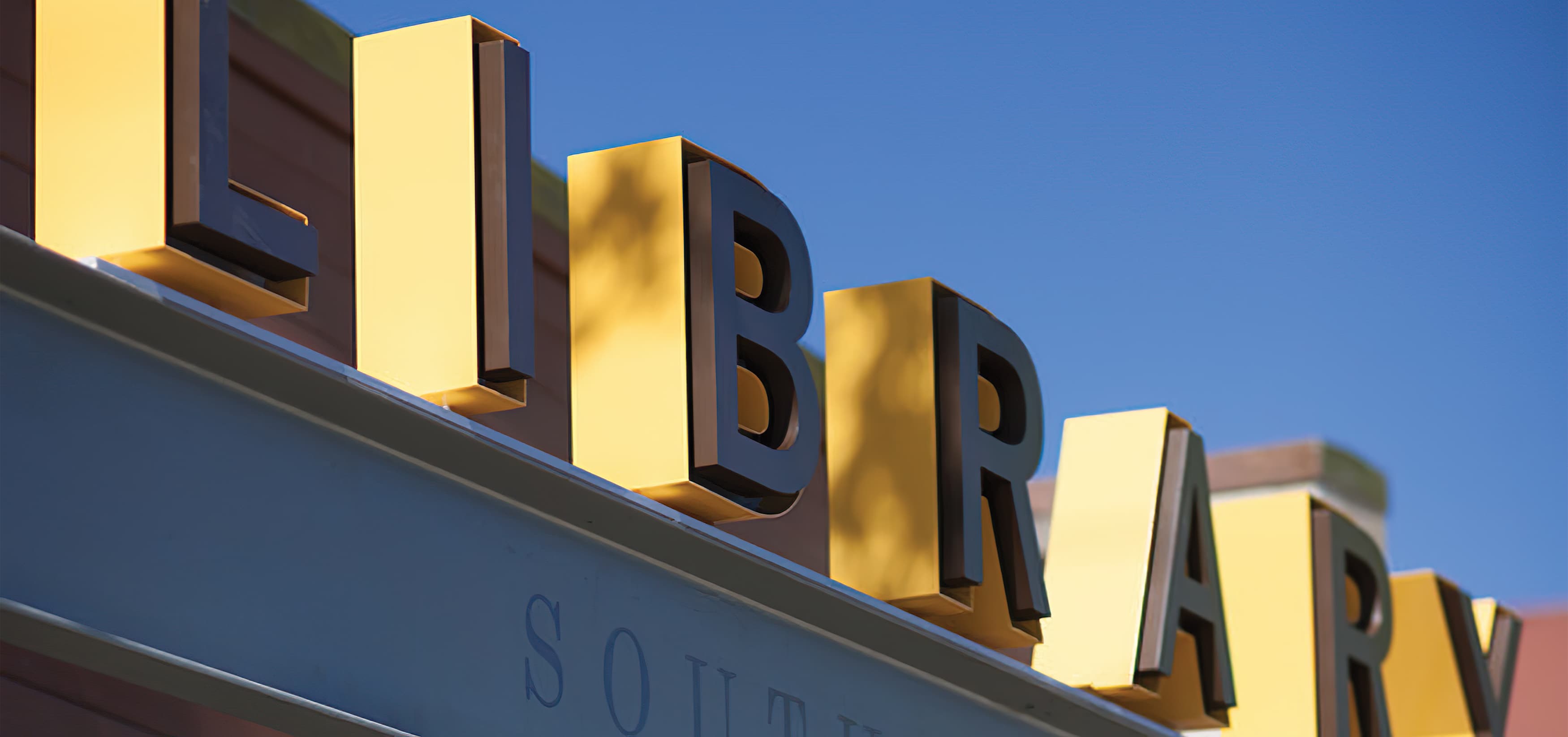 Berkeley Public Library South Branch. Our team developed a friendly and informative system of signage and placemaking elements in both the interior and exterior, our scope included identity and wayfinding signage. Fascia Signage.