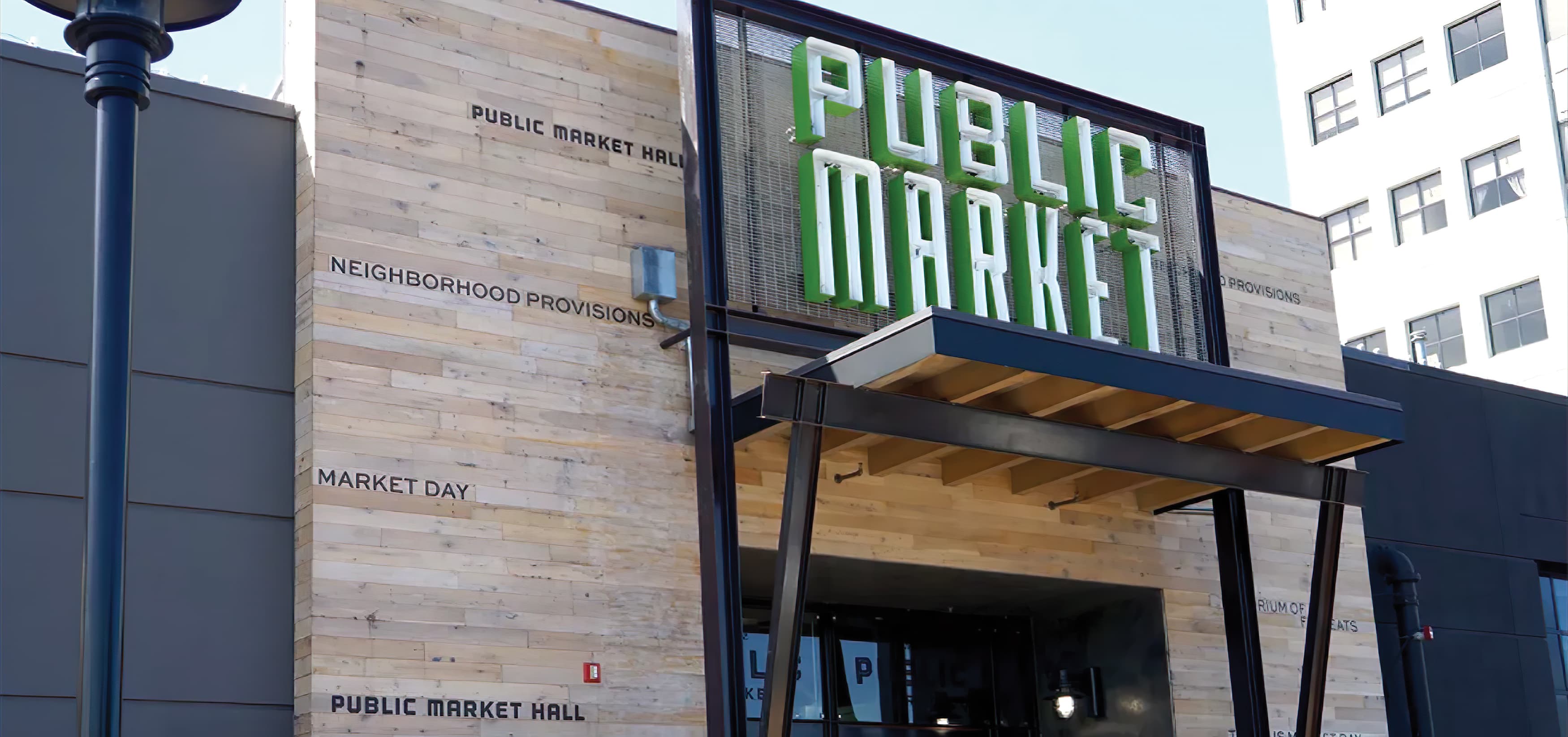 RSM Design worked with TMG Partners to develop signage and wayfinding program for Public Market, a dining and shopping center in San Francisco, California.