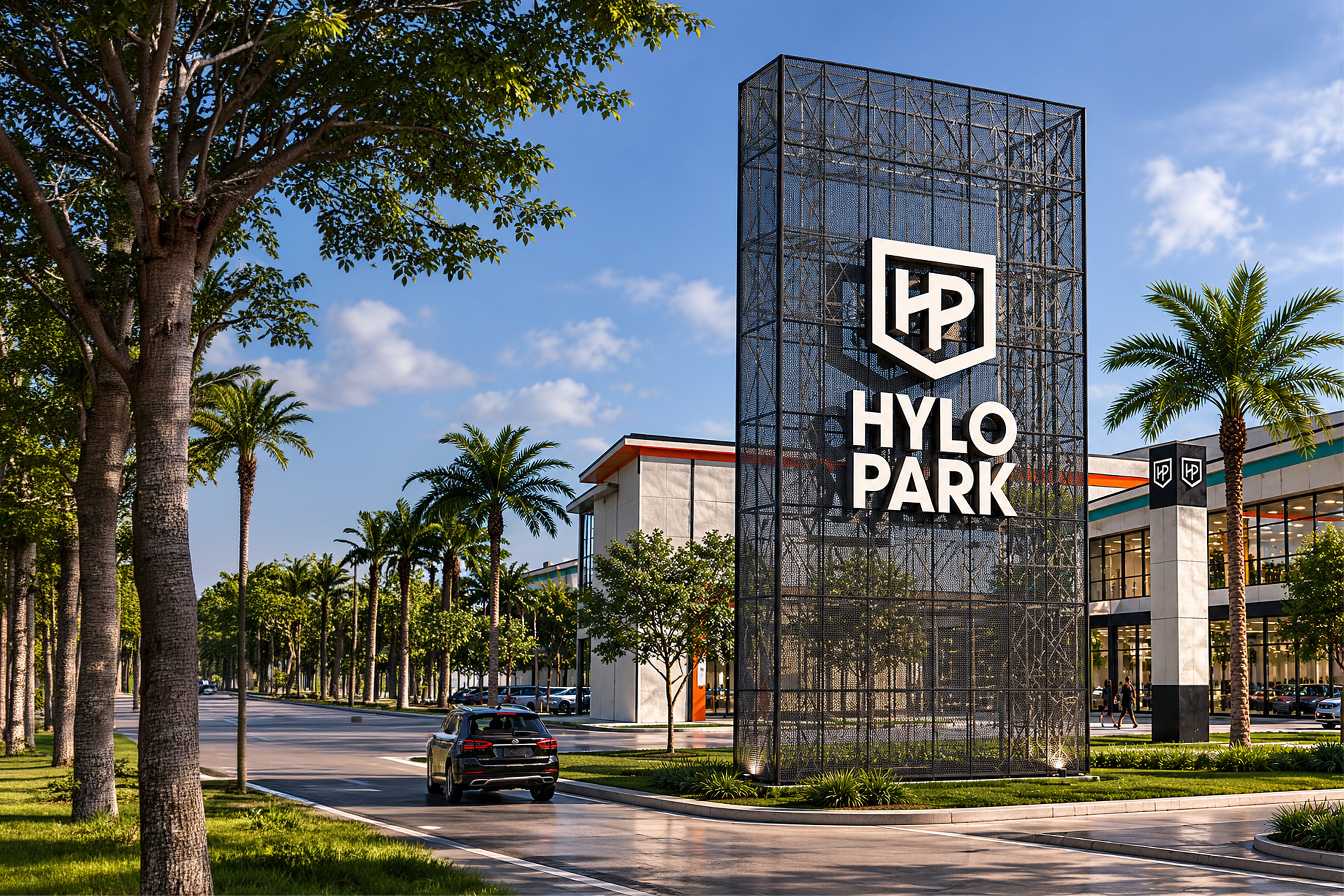 Rendering of a tall pylon sign made of a steel frame and perforated metal mesh, with dimensional white HYLO PARK letters and the HP shield mark, set in a landscaped entry along a palm-lined drive, Hylo Park, Las Vegas, wayfinding design by RSM Design.