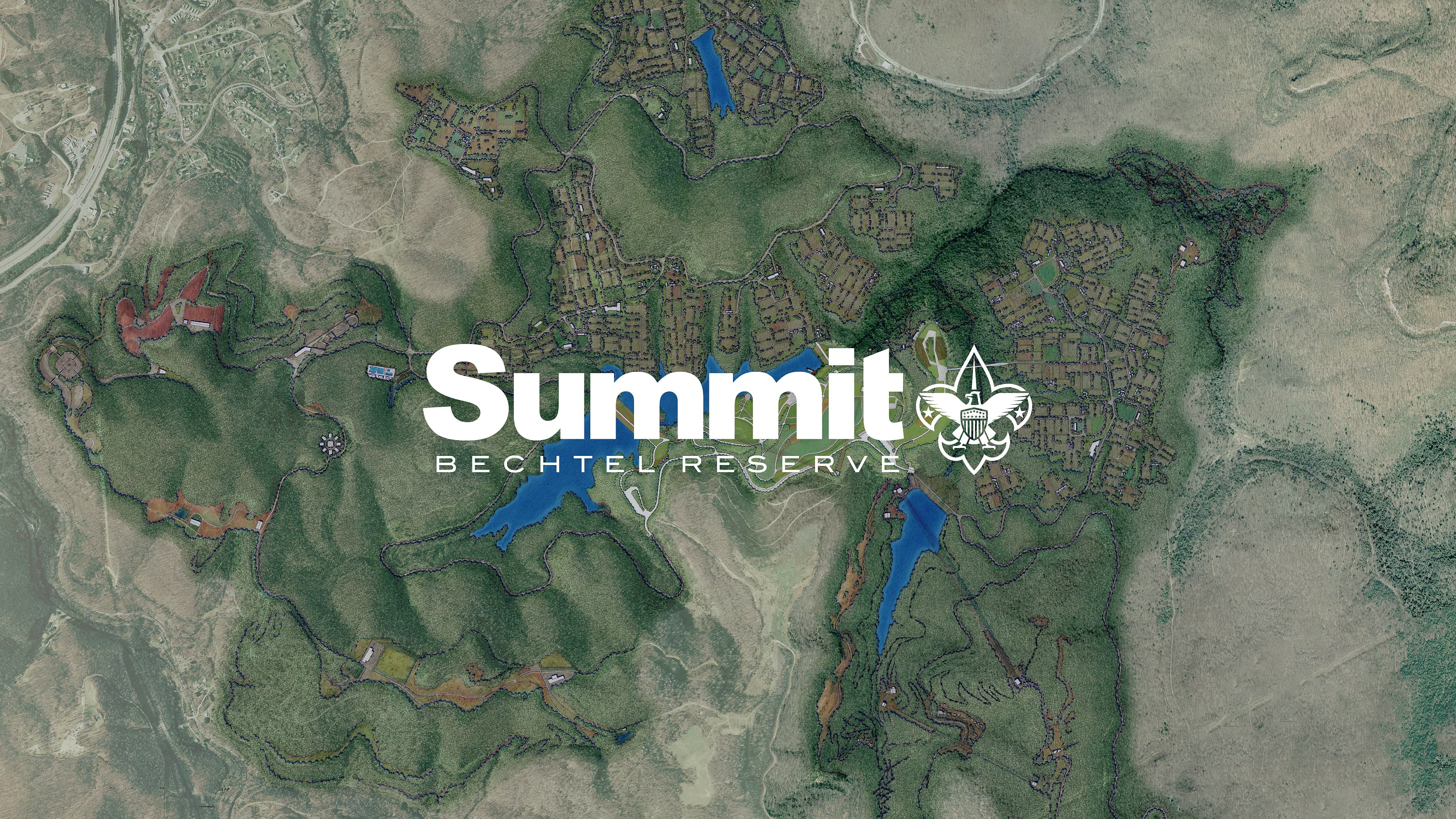 Summit Bechtel Reserve Logo Lockup on Birdseye render of site