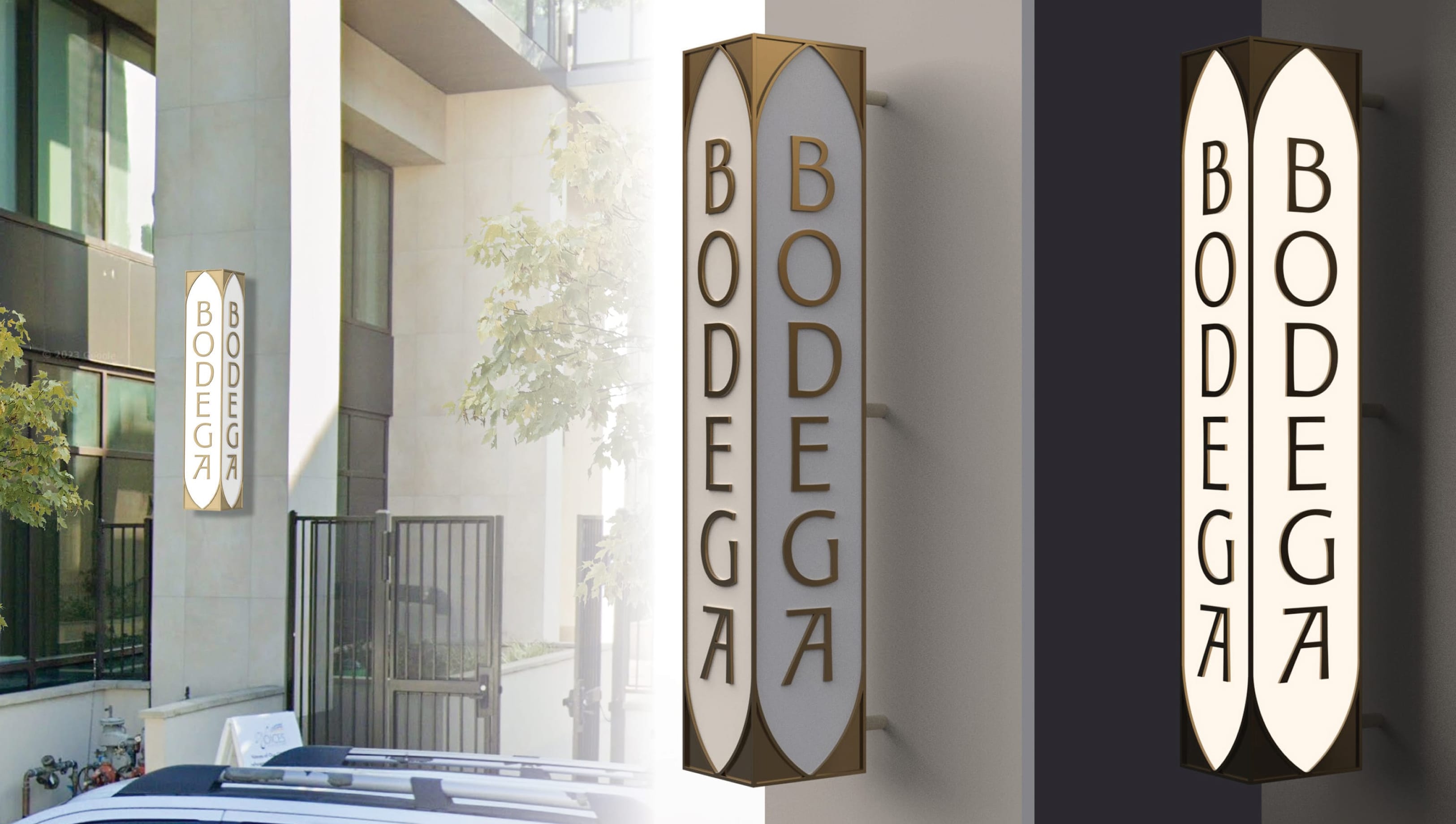 Design progression of a vertical blade sign reading "Bodega" on two rounded panels, shown as a building rendering, close-up render, and lit night mockup — signage design by RSM Design