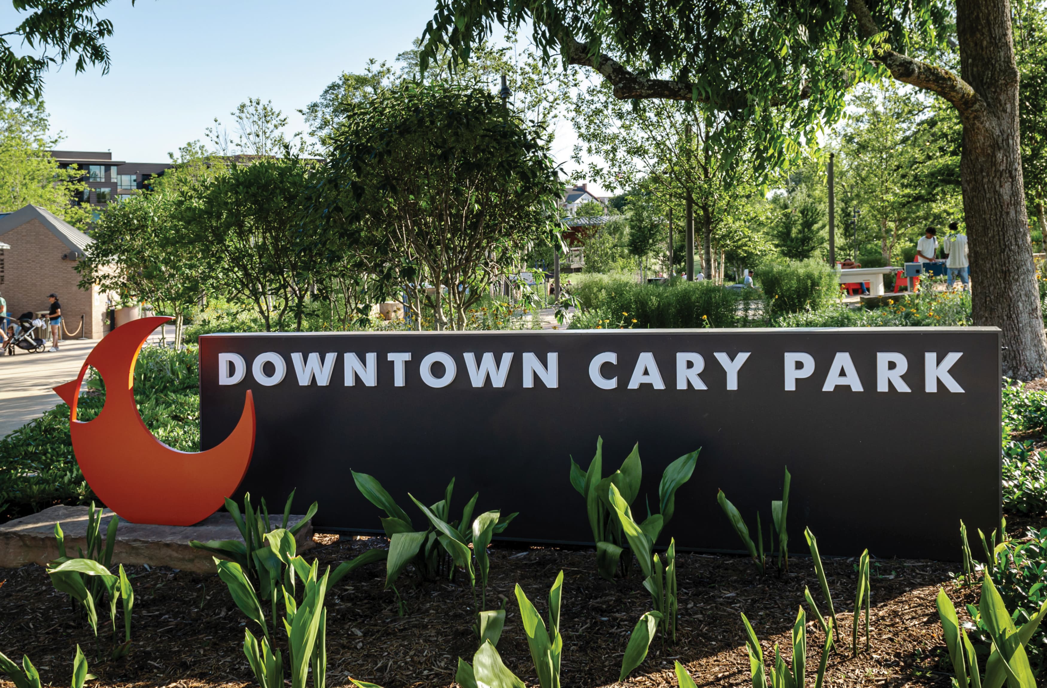 Image of the monument sign at Downtown Cary Park with the logo mark. 