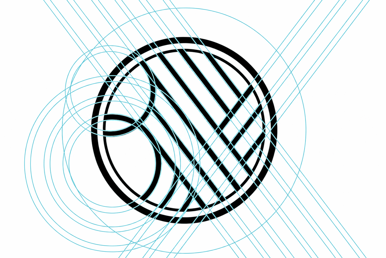 Construction diagram of the Biovista logo mark, showing the finished black circular emblem overlaid with light blue geometric guidelines, circles, and angled lines used to build its proportions
