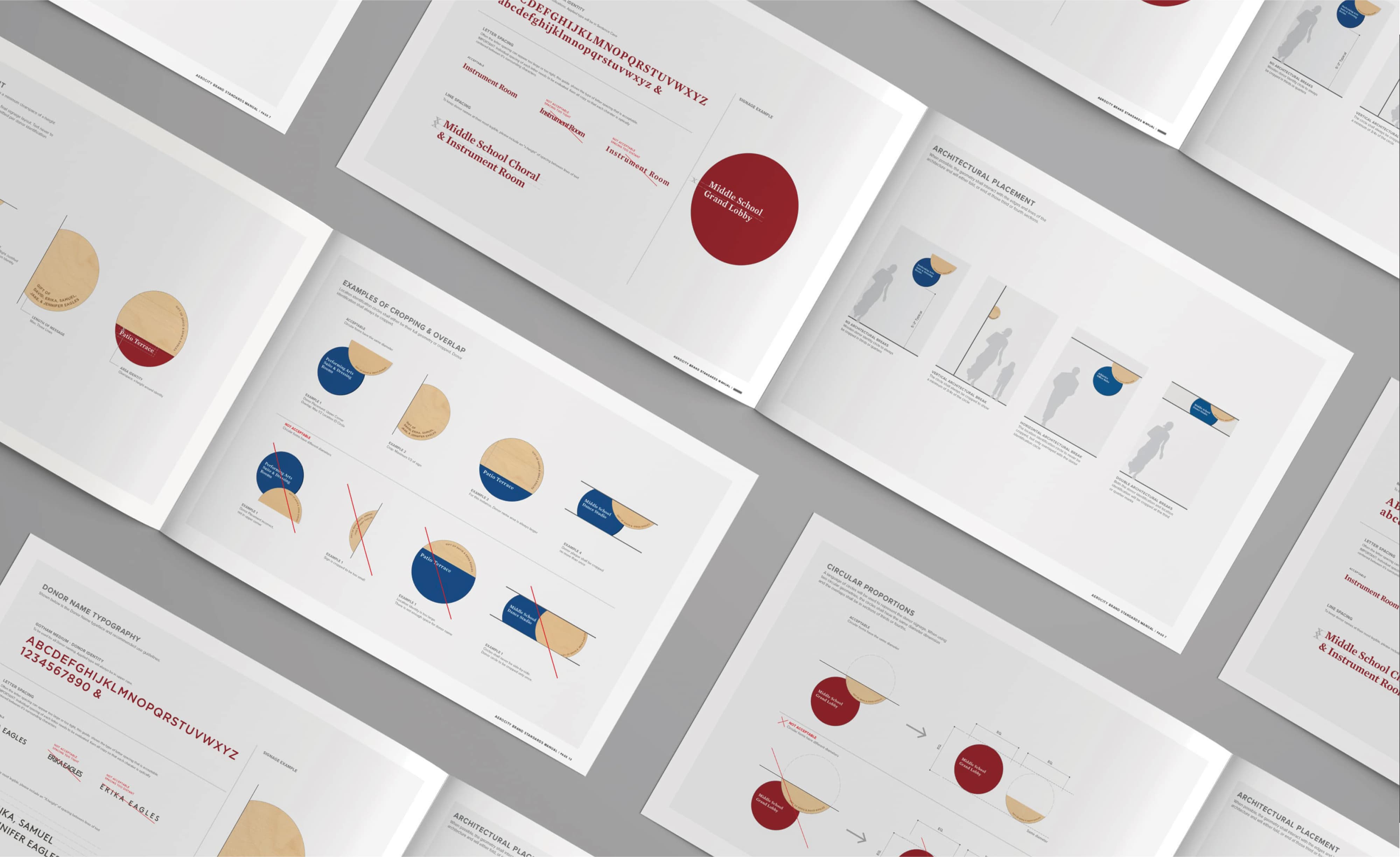 A spread of donor recognition design standards manual pages displayed at an angle, showcasing typography guidelines, circular proportion diagrams, cropping and overlap examples, architectural placement studies with human scale figures, and space identification sign layouts in red, cobalt blue, and natural wood tones — illustrating RSM Design's comprehensive donor recognition and specialty graphics documentation and print collateral services developed for the education market