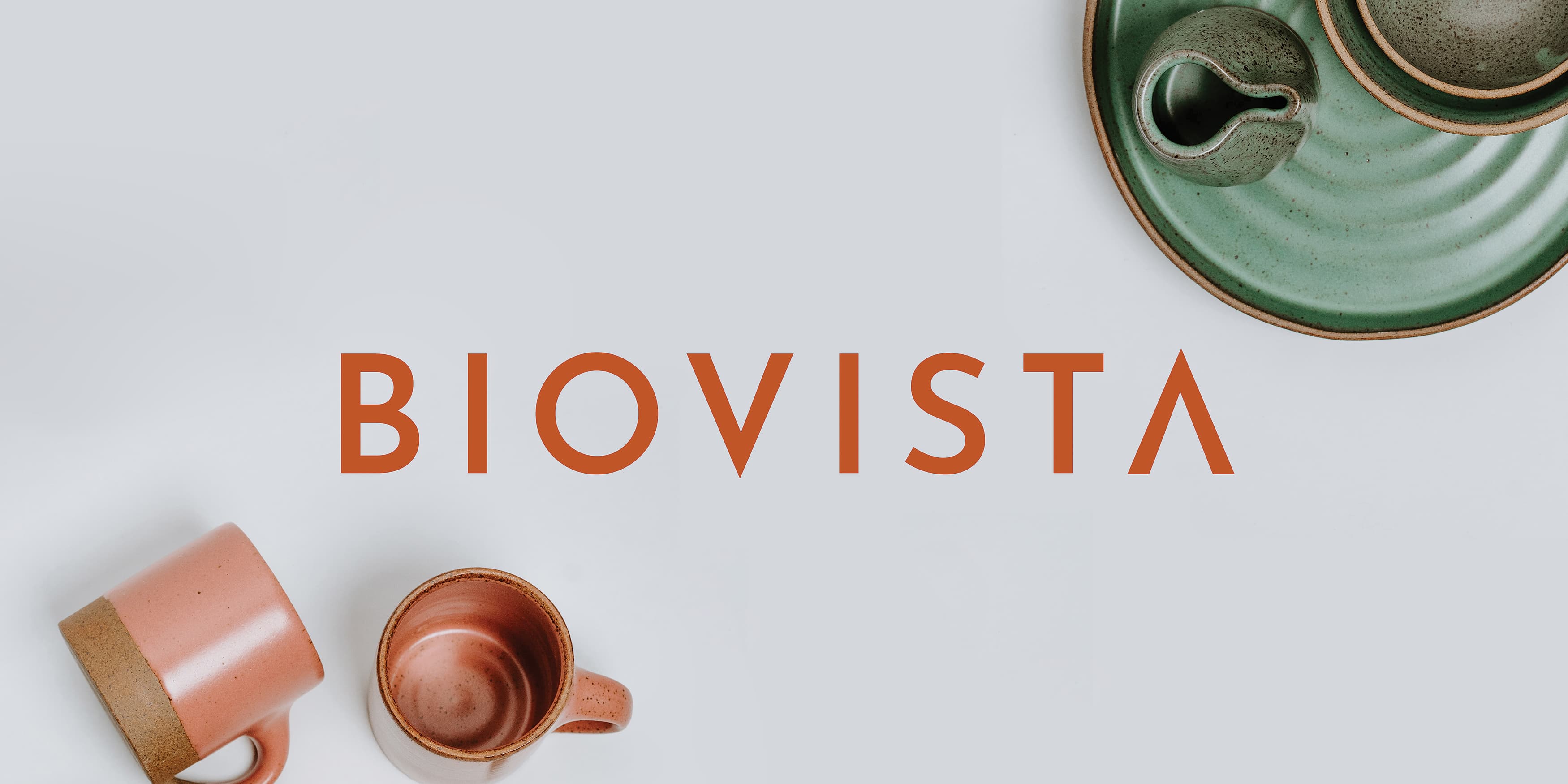 Image showcasing the BioVista primary logo in a rust coral color on a simple grey background with ceramic mugs and dishes on the corners. Branding for Biovista by RSM Design.
