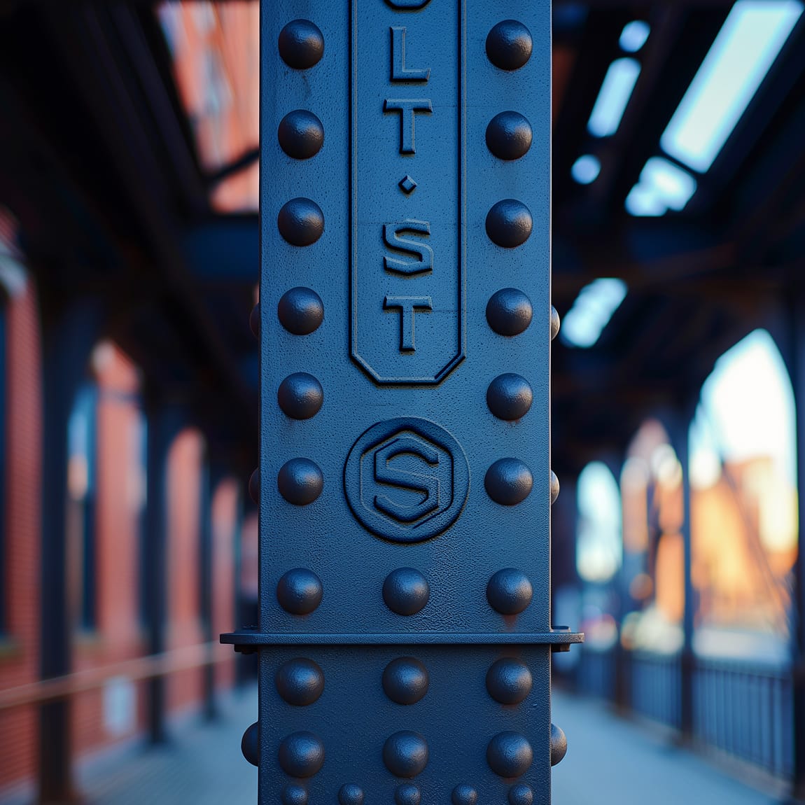 Staybolt Street structural column detail with embossed identity mark and riveted industrial finish — environmental graphic design by RSM Design