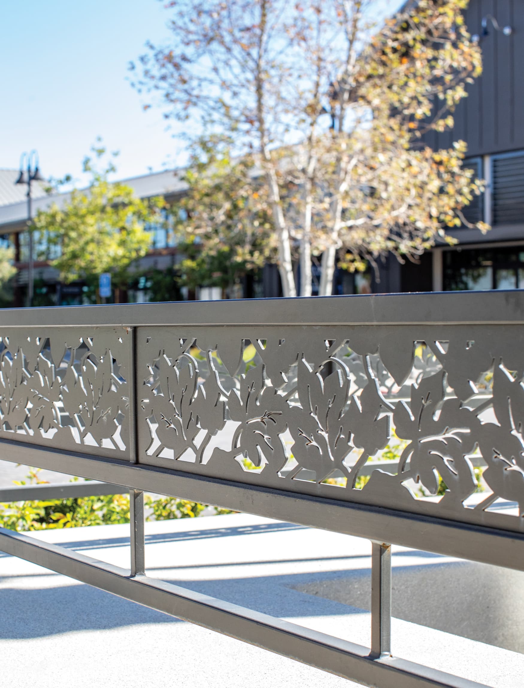 The Vineyard at Porter Ranch. Retail project placemaking. Cut metal pattern.