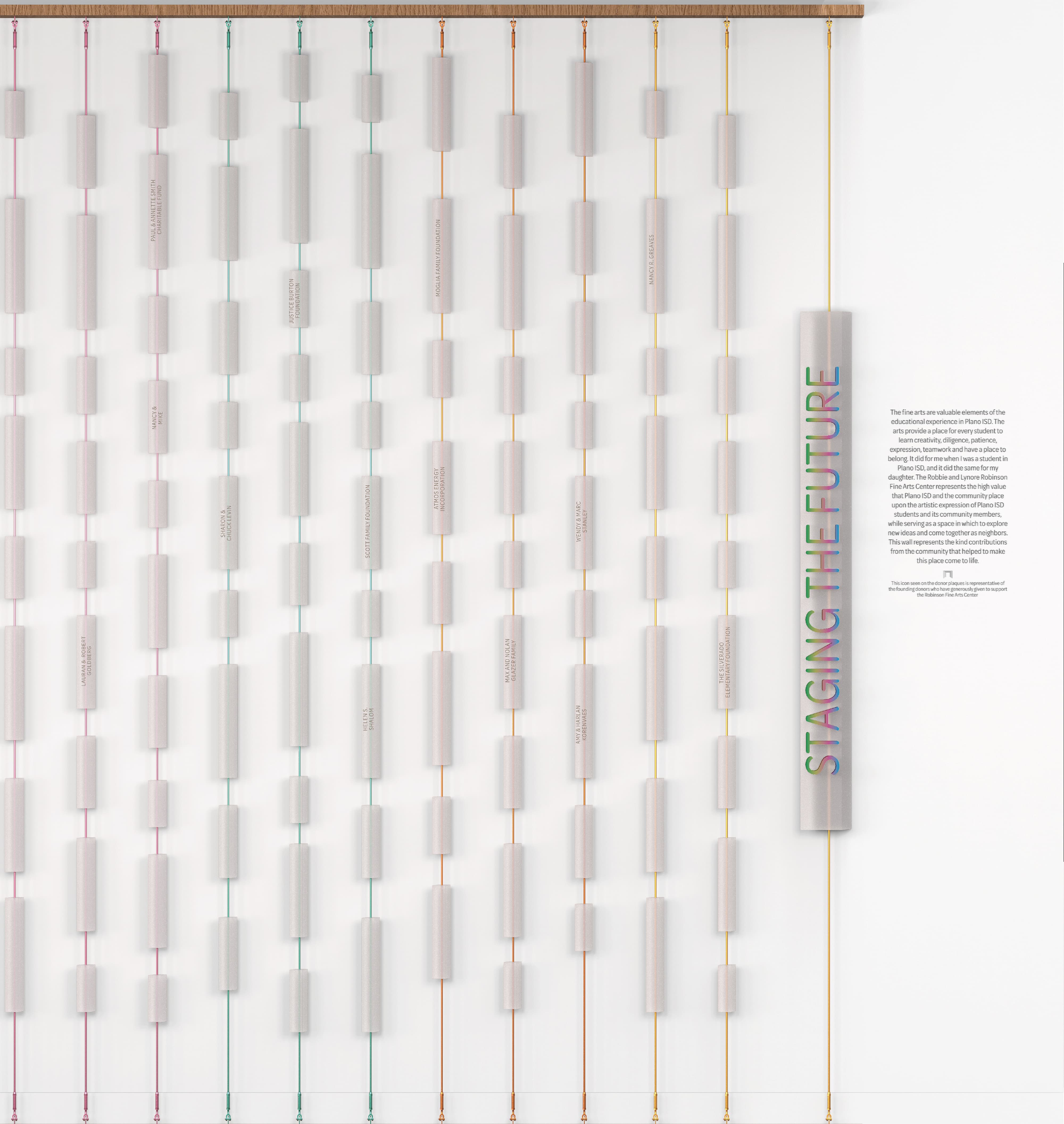 Large-scale donor recognition installation titled “Staging the Future” featuring suspended dimensional plaques, illustrating environmental graphic design, experiential storytelling, and placemaking for higher education cultural and performing arts environments.