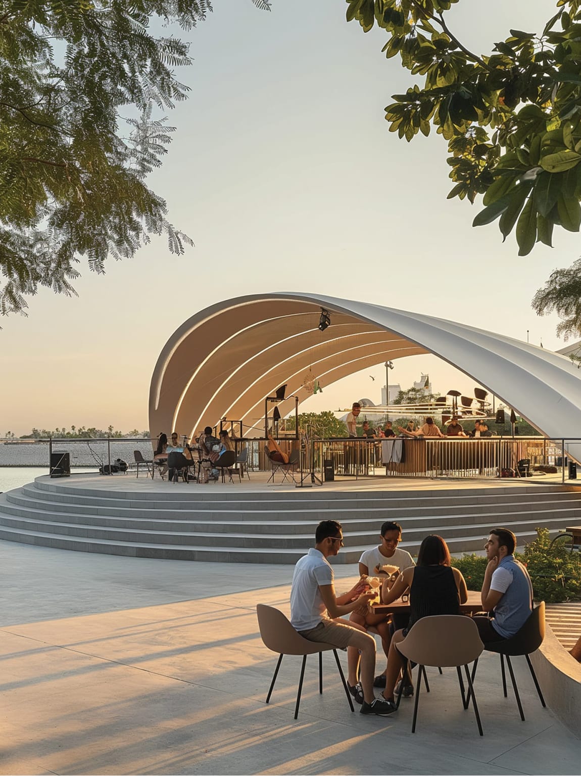 RSM Design Ramhan Island Marina Abu Dhabi — outdoor amphitheatre with sculptural wave canopy structure, stepped seating, waterfront bar, and activated public plaza at golden hour