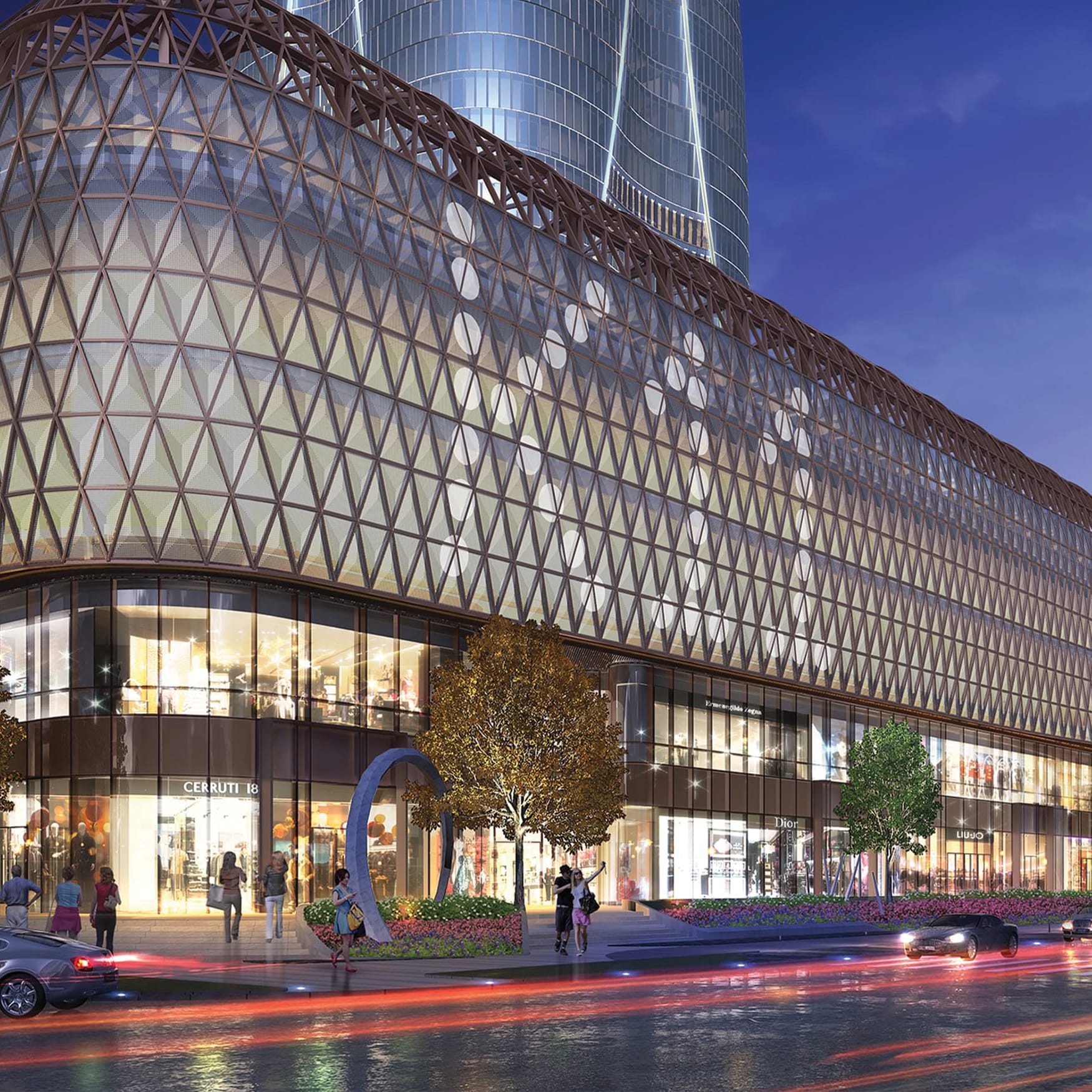 Contemporary luxury retail complex in China featuring a curved glass facade, geometric lattice architecture, illuminated storefronts, landscaped pedestrian plaza, and evening city streetscape.