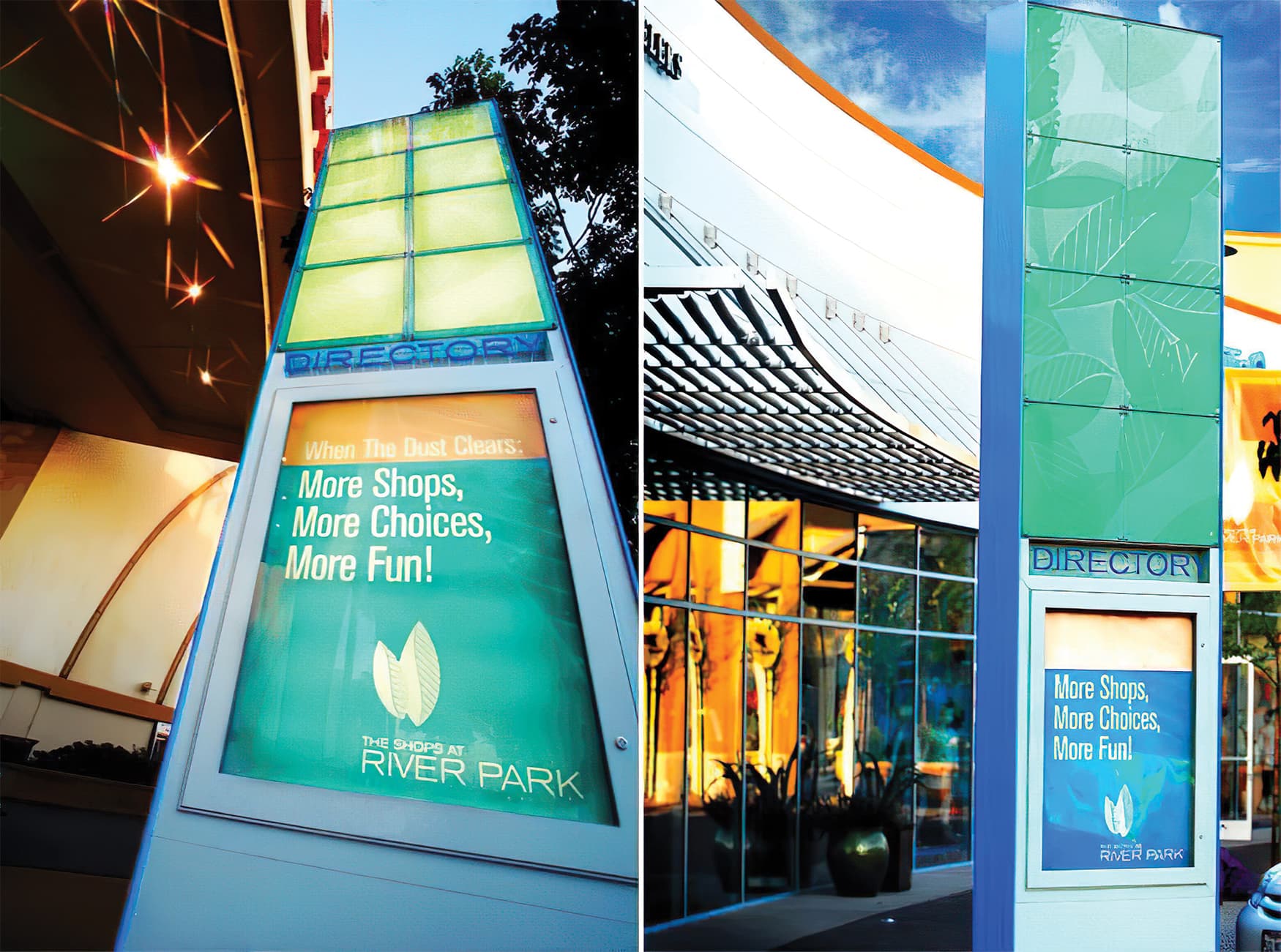 The Shops at River Park, a retail shopping center in Fresno, California. RSM Design prepared environmental graphic design services as well as wayfinding and placemaking elements. Project Pedestrian Directory Map.