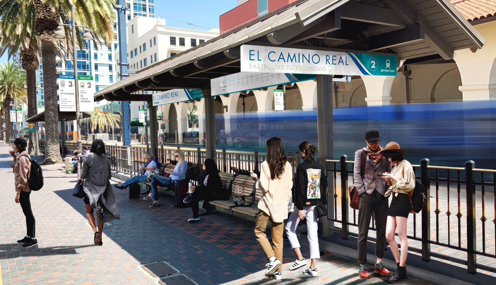 Rendering of a covered train platform with a sign reading 'El Camino Real, Eastbound to Escondido, Sprinter Platform 2,' where passengers wait on benches and stand near a railing as a motion-blurred train passes, with palm trees and city buildings in the background.