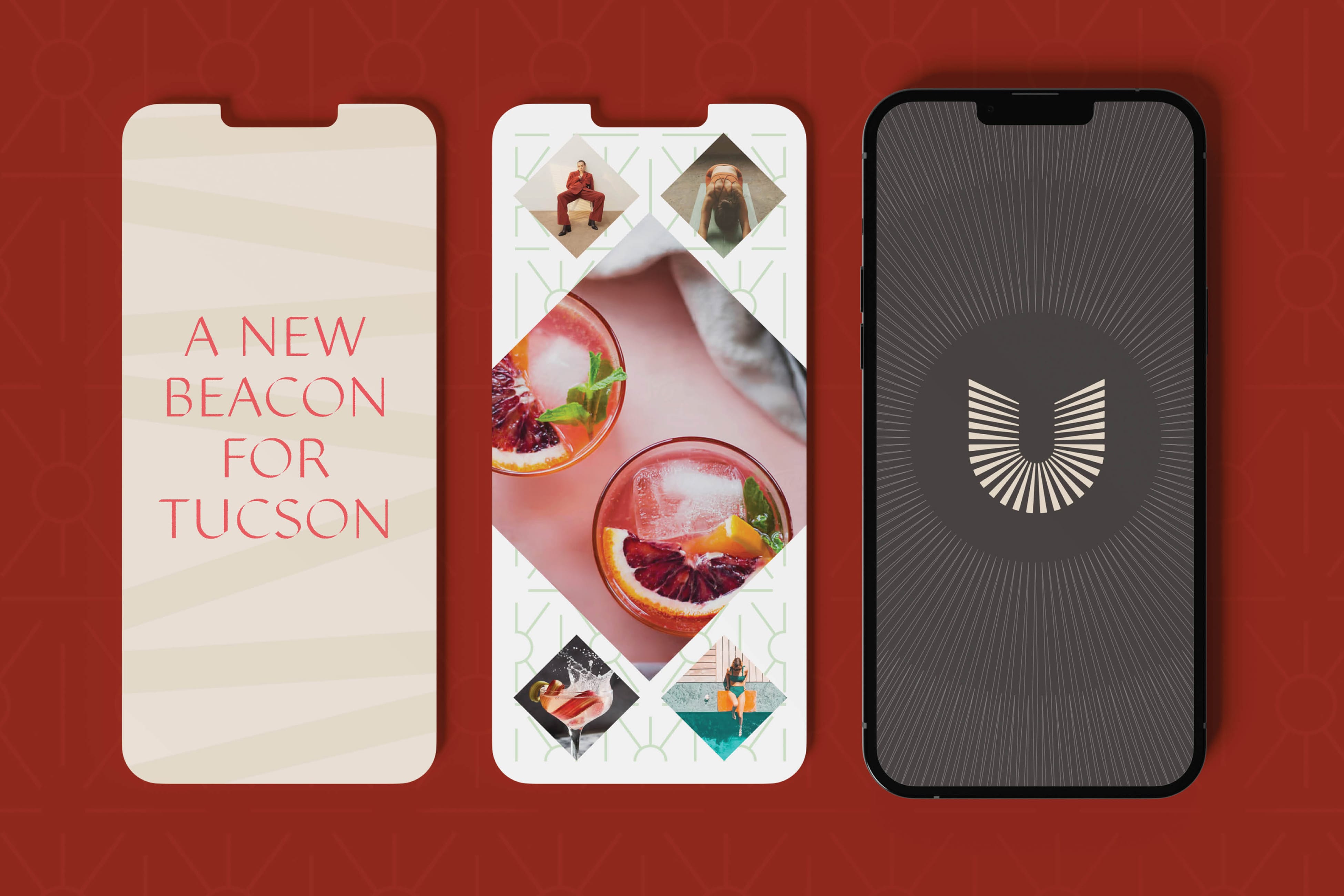 Three phone mockups of Uptown Tucson mobile screens, showing the tagline A New Beacon for Tucson, a lifestyle photo collage, and the U emblem logo screen, digital branding by RSM Design