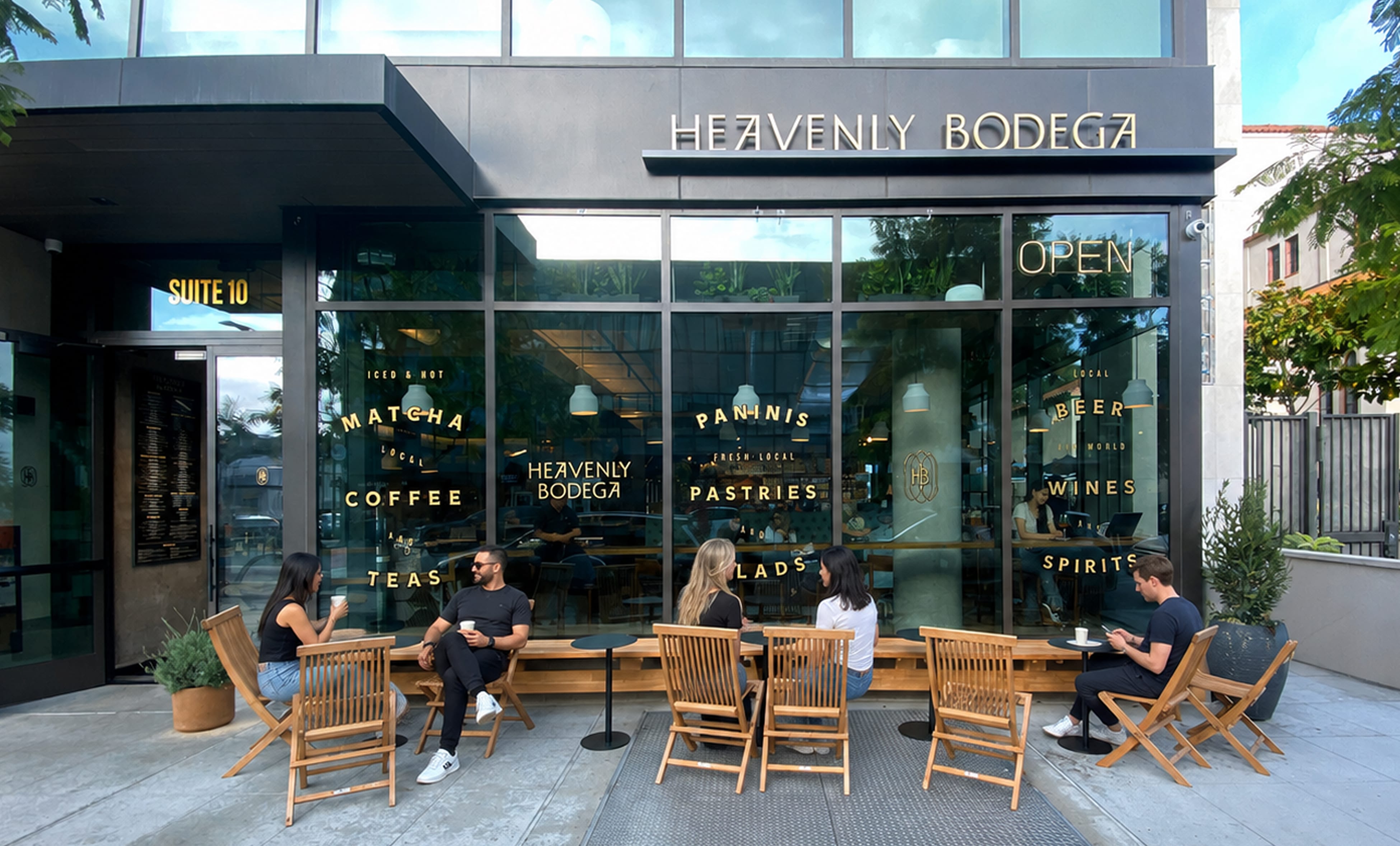Full storefront of Heavenly Bodega with gold building signage, window graphics listing coffee, wines, and pastries, and customers seated at outdoor tables — brand environment design by RSM Design