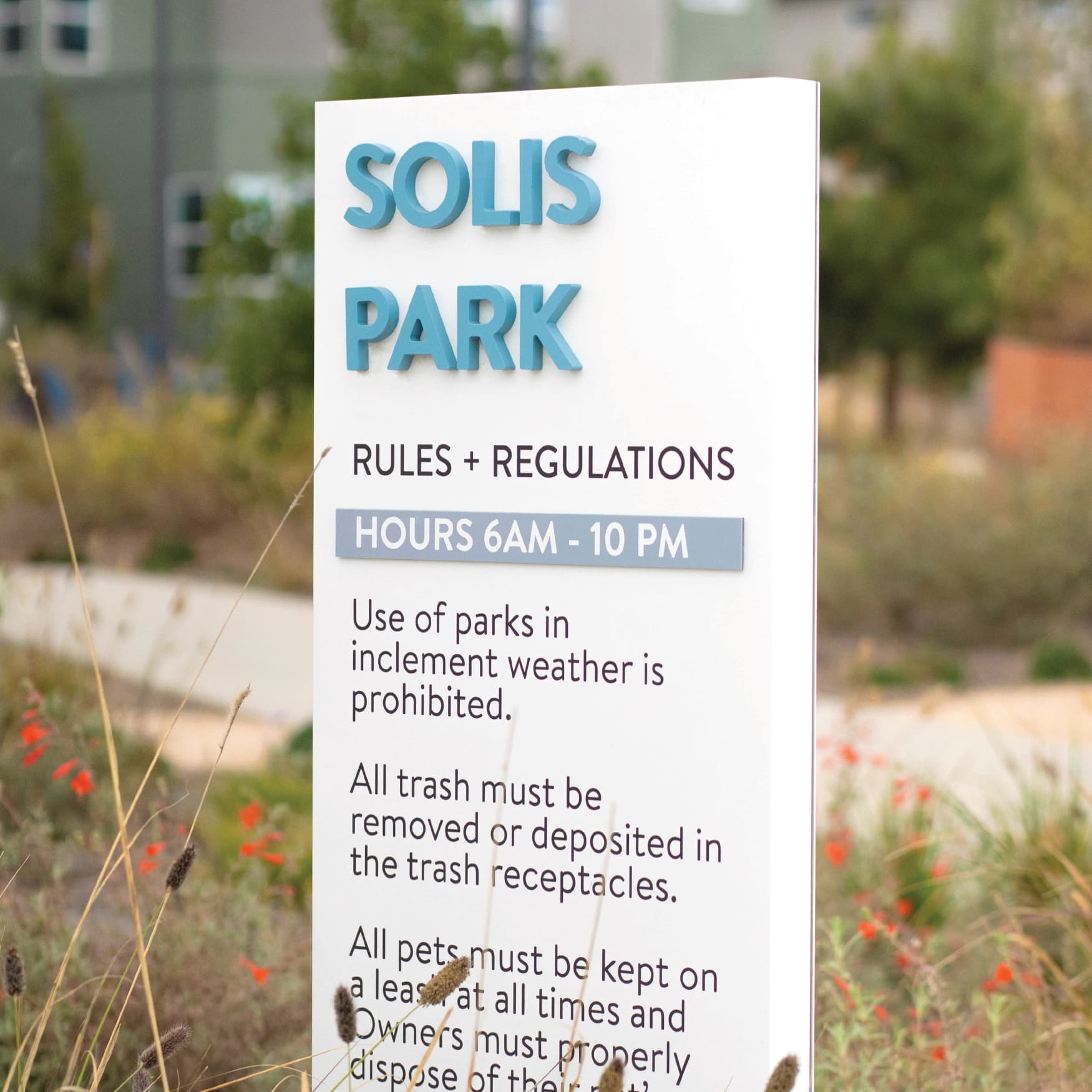 Rules and regulations sign designed by RSM Design for Solis Park in Irvine, California