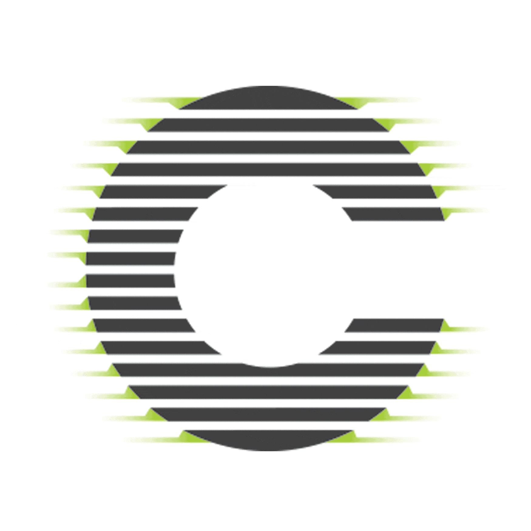 The Cucamonga Station animated "C" logomark featuring horizontal charcoal stripes forming a bold letterform with lime green motion streaks extending from either side, conveying a sense of speed and forward movement — showcasing RSM Design's branding and visual identity and digital integration services developed for the transit market