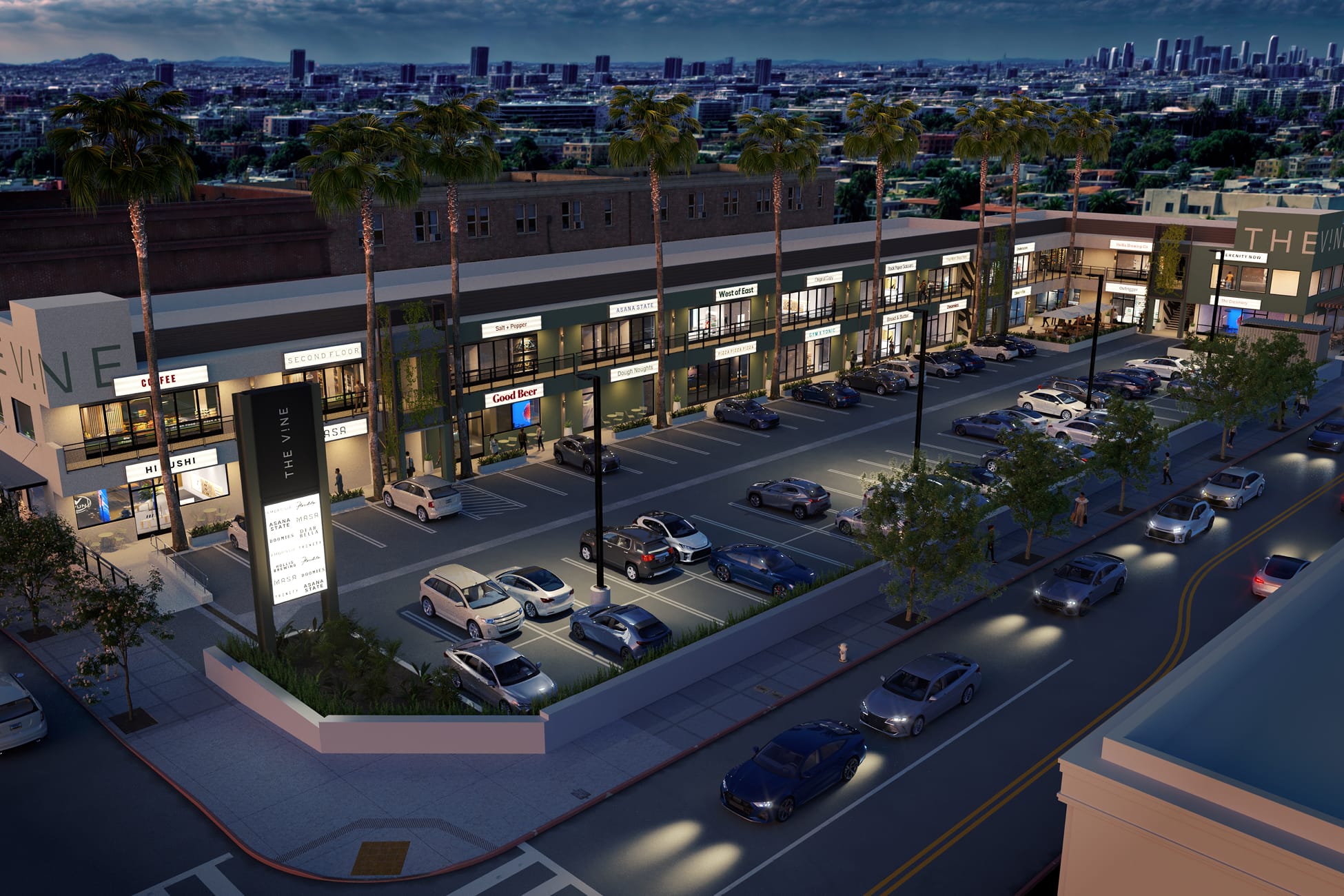 The Vine retail center in Los Angeles at dusk, featuring illuminated tenant signage, contemporary storefront architecture, palm-lined streetscape, and pedestrian-oriented mixed-use design by RSM Design.