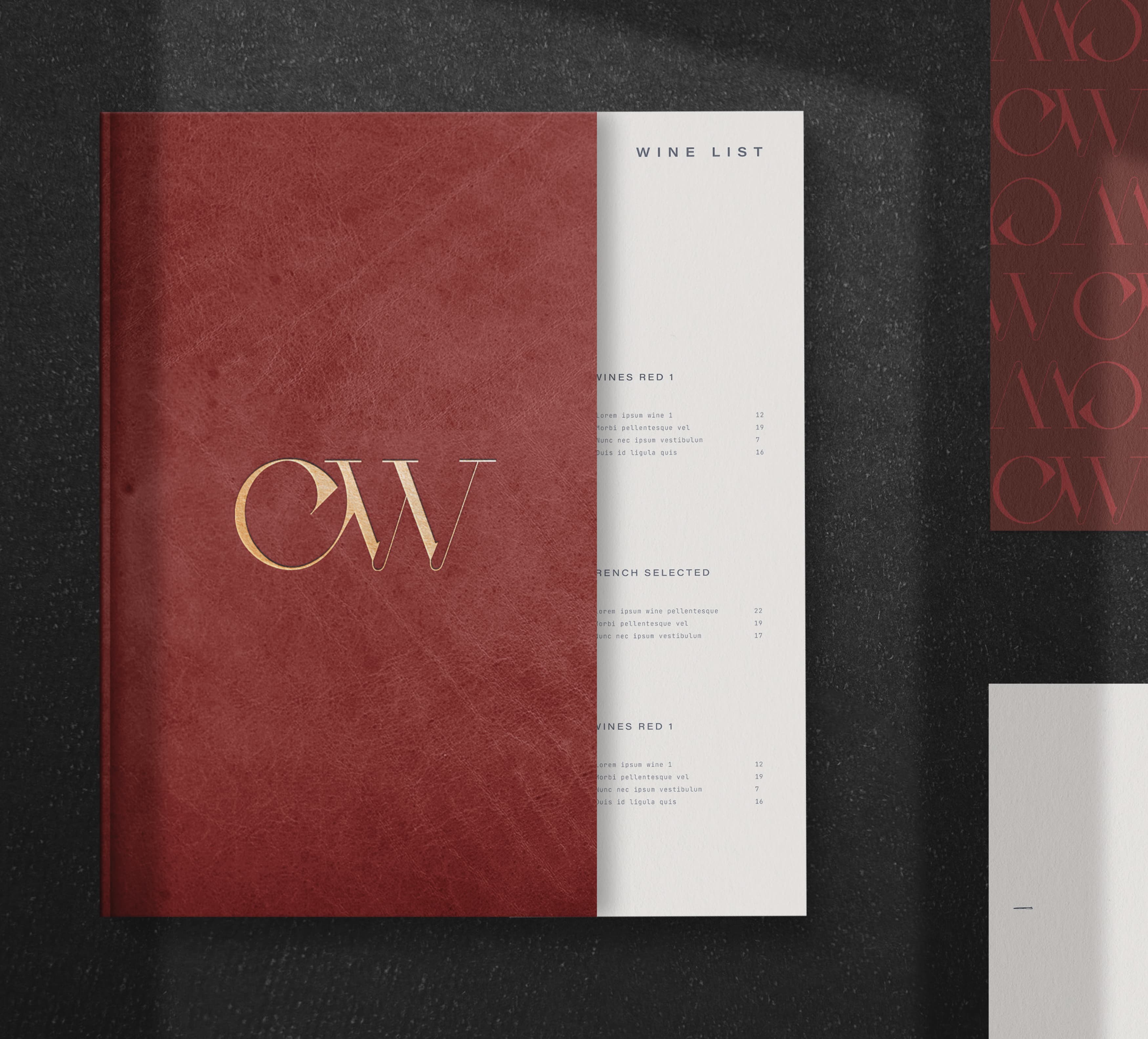 Image of the leather red menu with embossed gold logo for CW Prime at the St. Regis Longboat Key Resort, designed by RSM Design. 