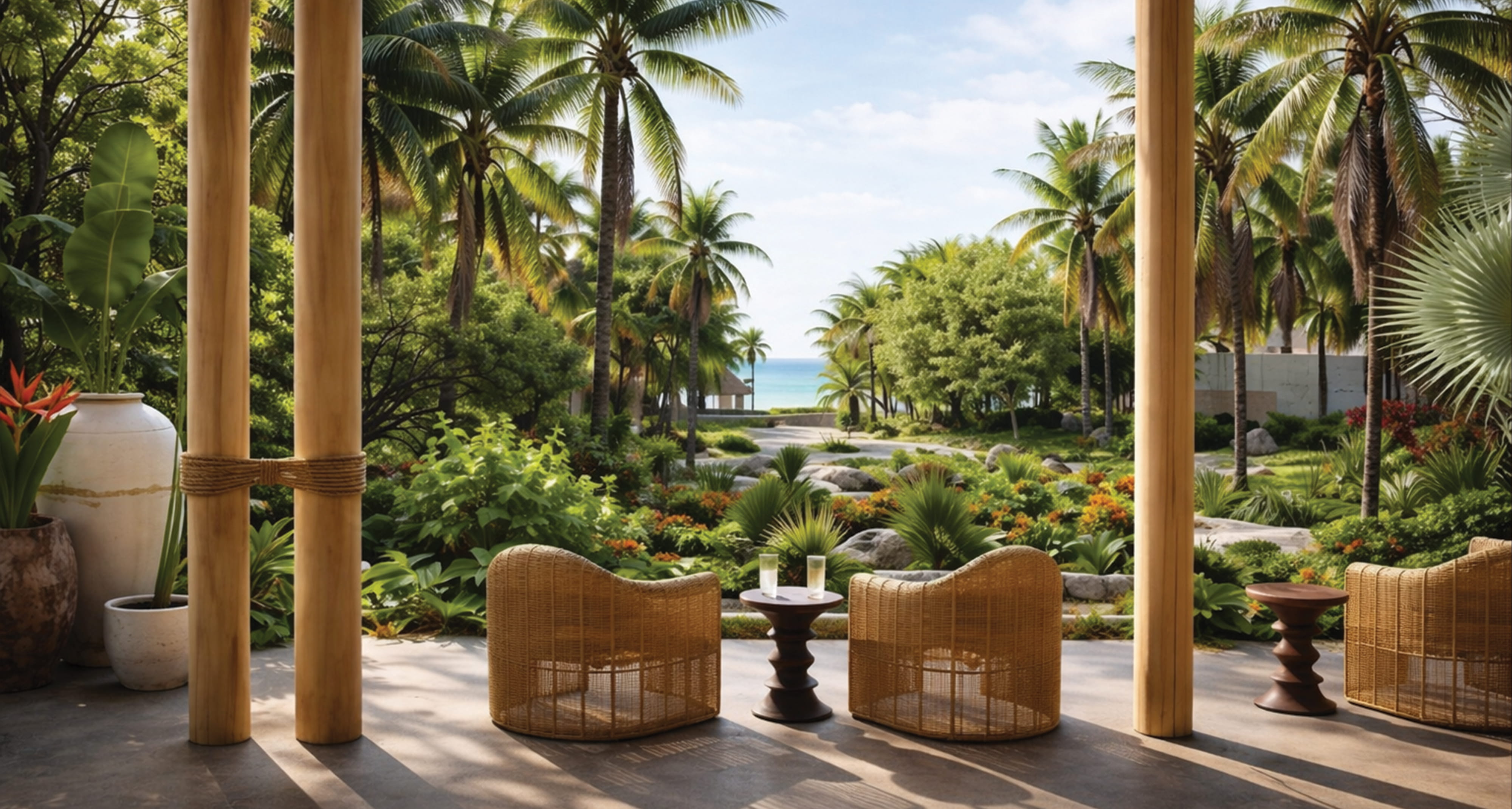 Open-air resort lounge overlooking lush tropical landscape and ocean, showcasing experiential placemaking, hospitality design, and environmental graphic design for luxury resorts, mixed-use destinations, and lifestyle-driven environments.
