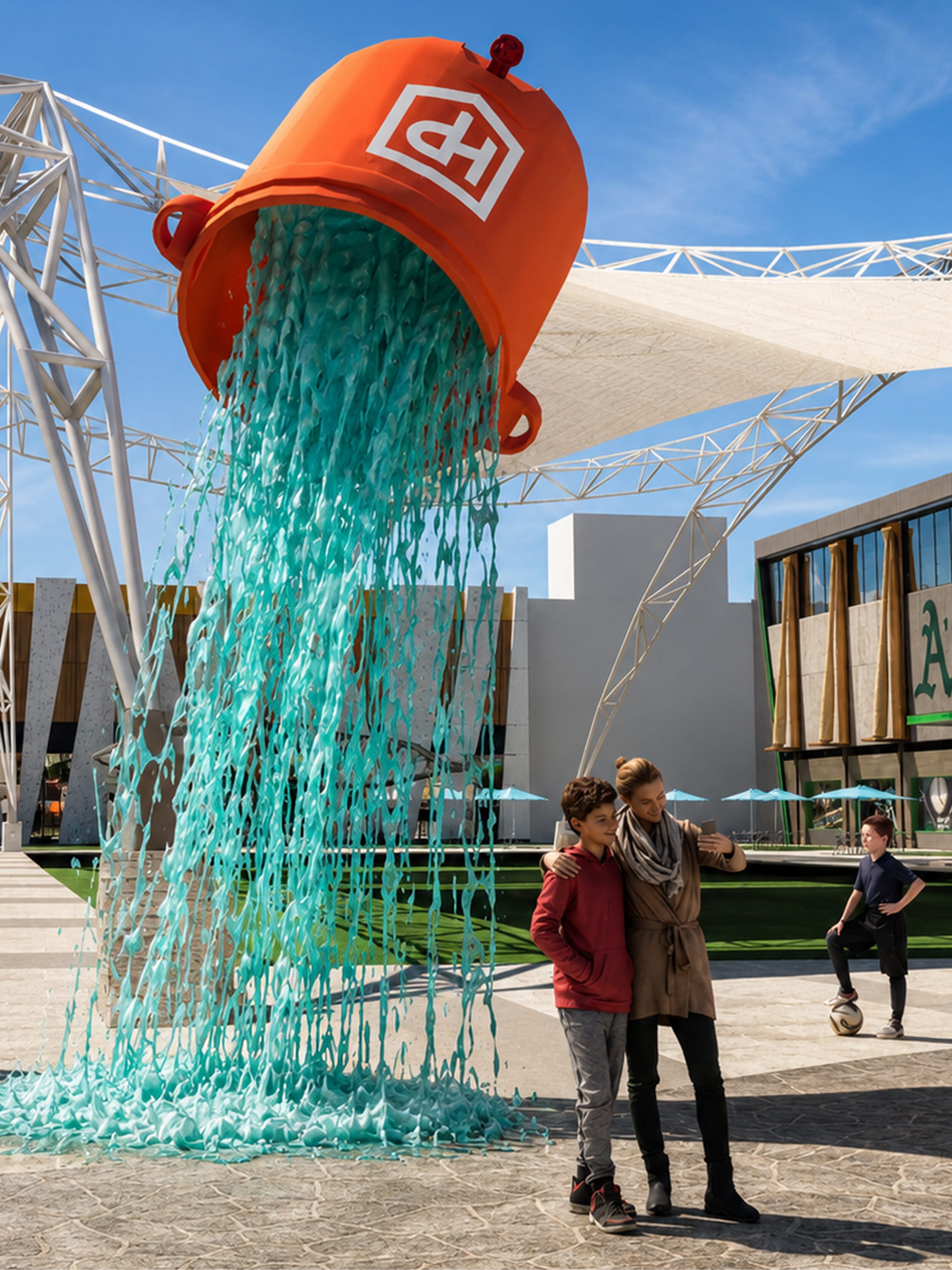 Rendering of an oversized orange bucket sculpture with the HP shield mark, tipped overhead and pouring a sculpted cascade of turquoise liquid onto the plaza, a nod to the championship celebration, as a family takes a selfie nearby, Hylo Park, Las Vegas, placemaking by RSM Design.