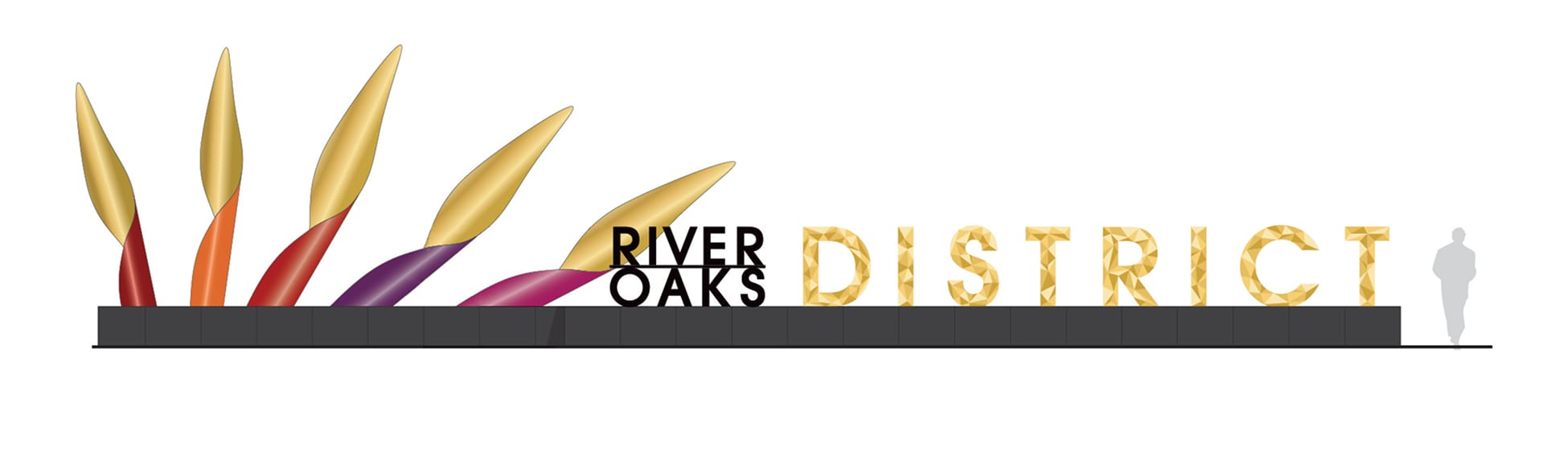 River Oaks District Houston monument sign elevation with sculptural leaf art design, environmental graphic design by RSM Design