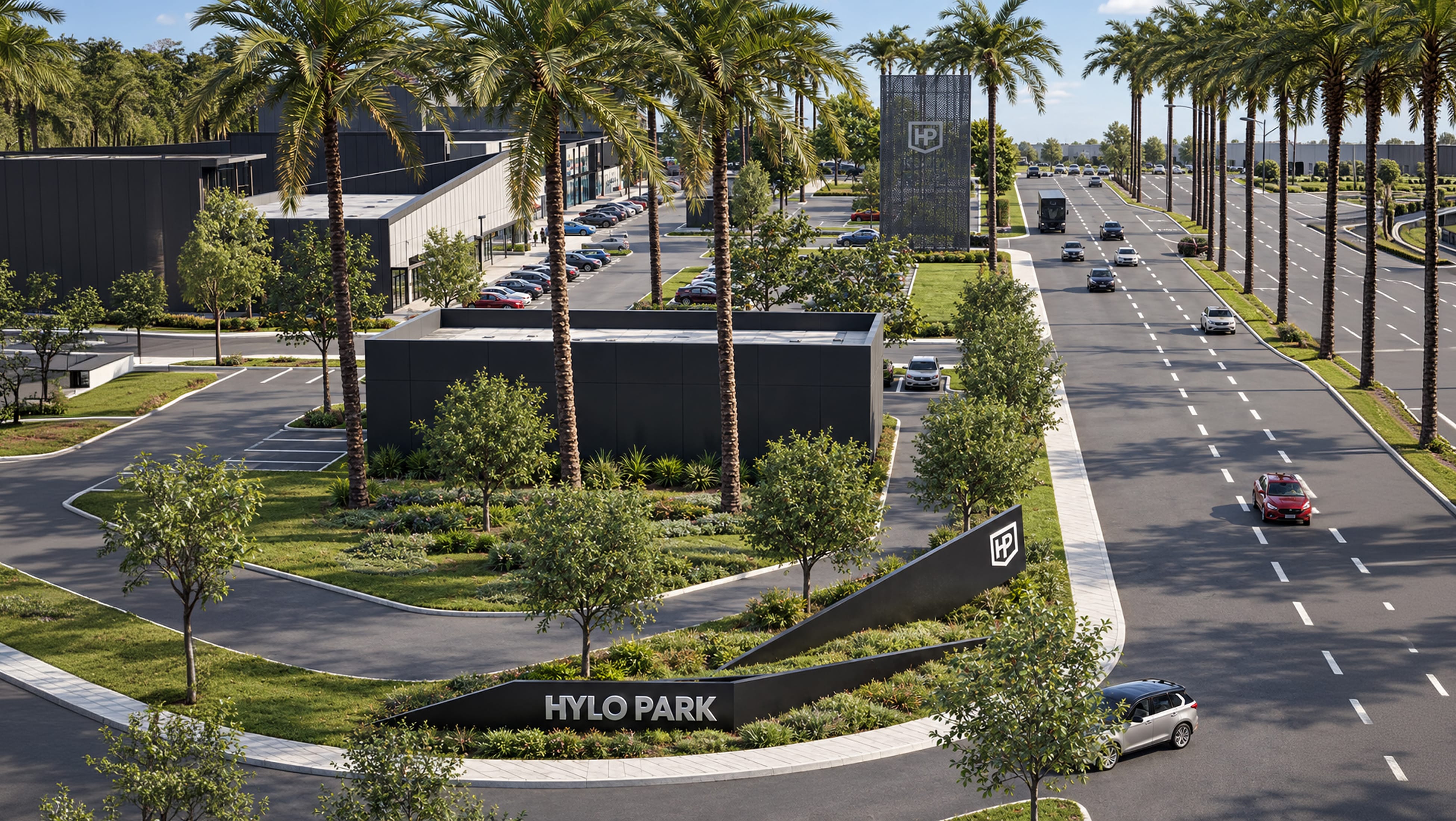 Rendering of an angled black monument sign with dimensional HYLO PARK letters and the HP shield mark at a landscaped vehicular entry, with a perforated metal pylon along the palm-lined roadway beyond, Hylo Park, Las Vegas, wayfinding design by RSM Design.