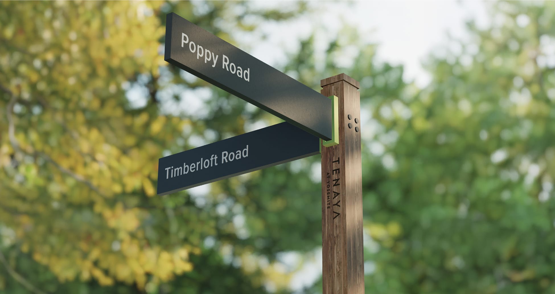 Tenaya at Yosemite street name signs for Poppy Road and Timberloft Road on a wood post with black metal blades, set against autumn foliage