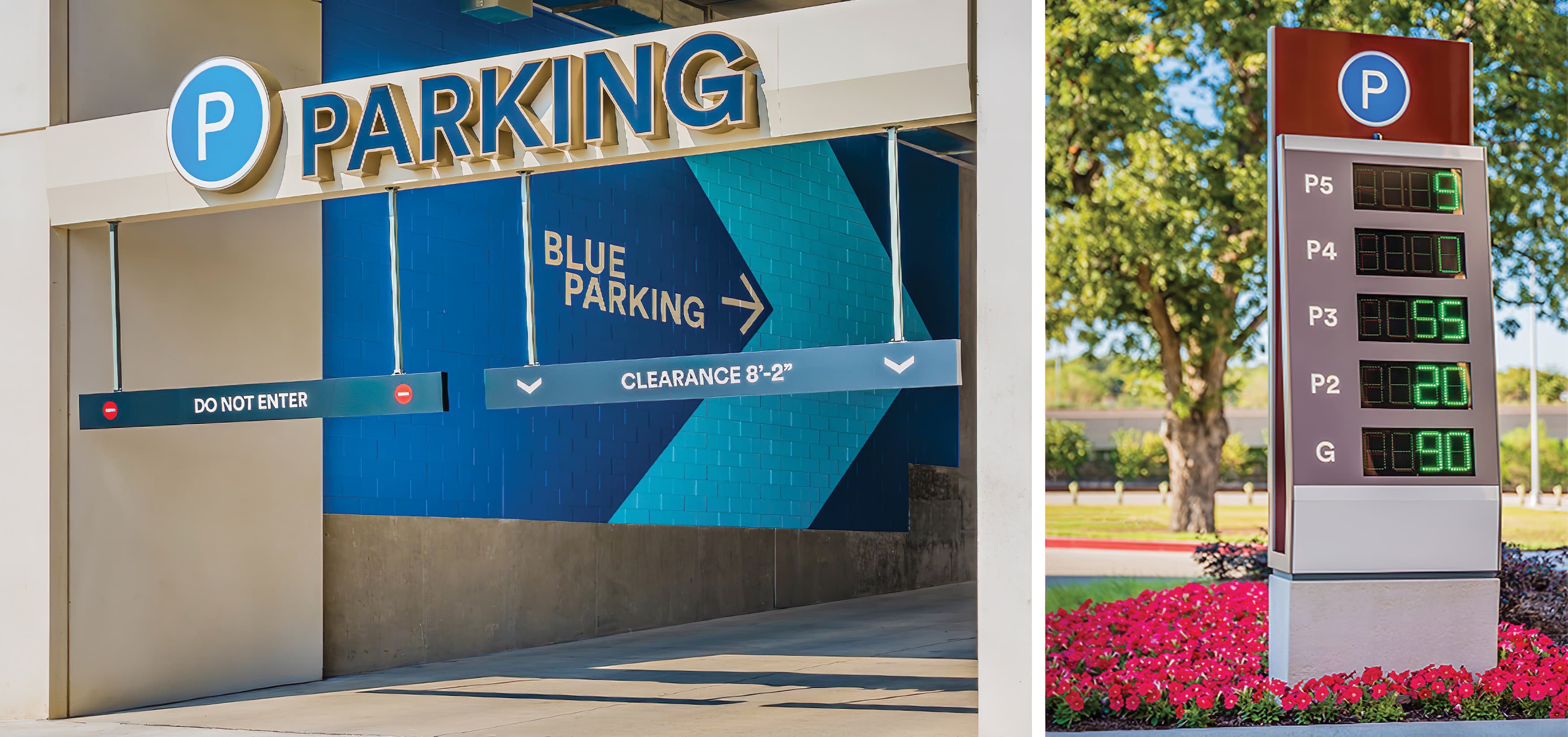 The Shops at Clearfork is an upscale, mixed-use development in the heart of Fort Worth. Parking digital counter and parking garage signage.