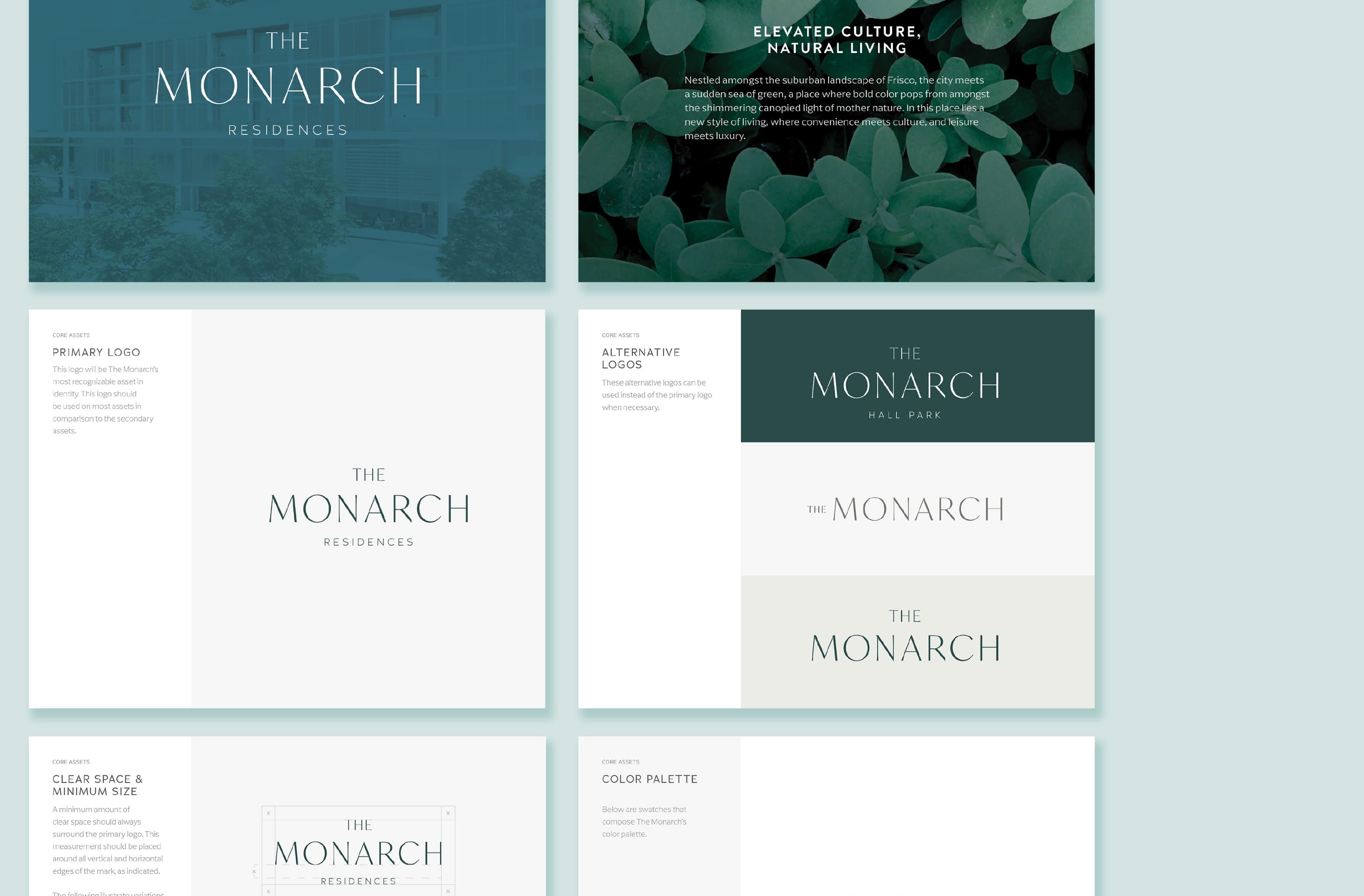 Mockup of logo & branding guidelines for The Monarch at Hall Park in Frisco, Texas