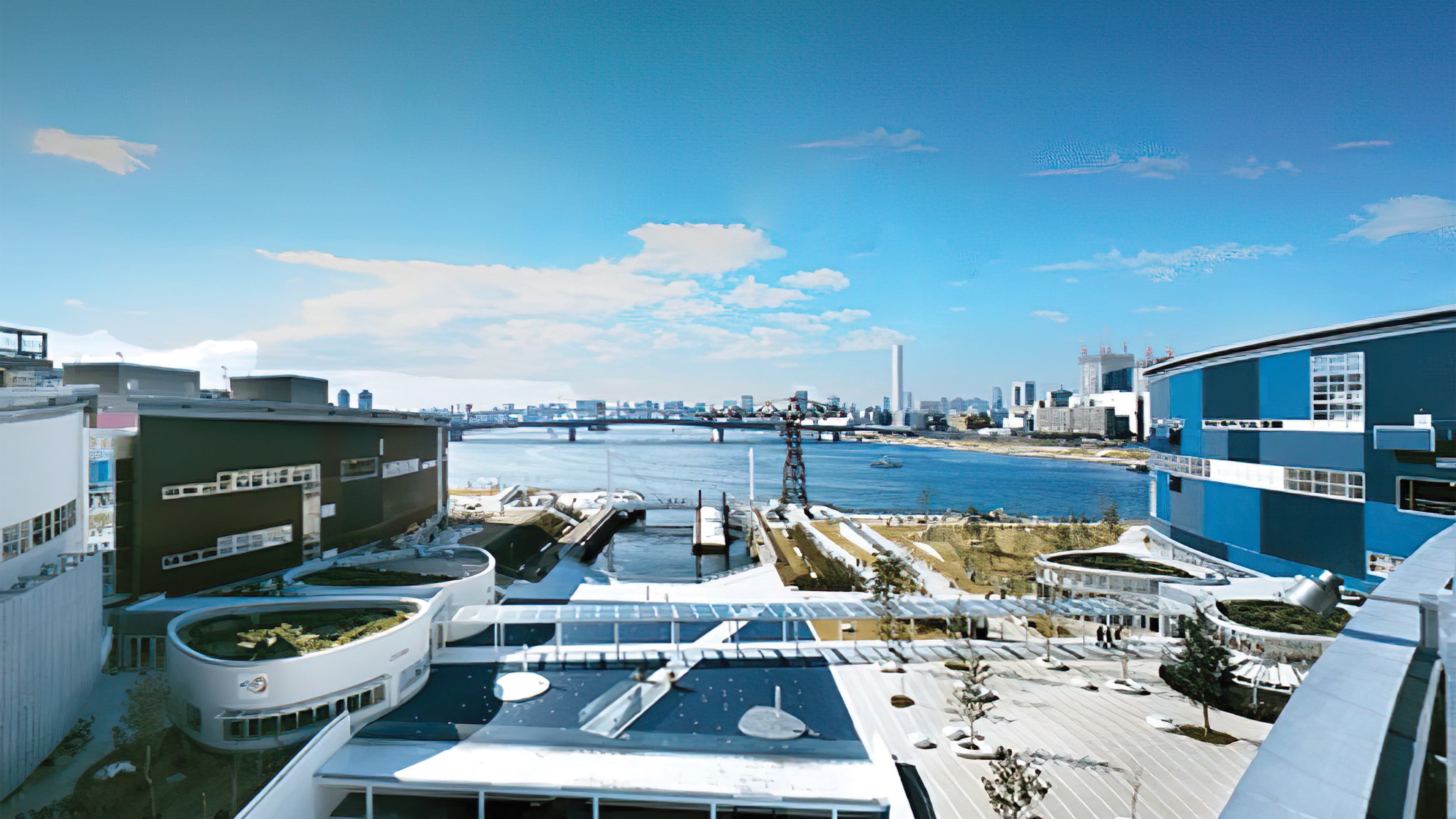 A photograph of the Lalaport Toyosu's modern architecture