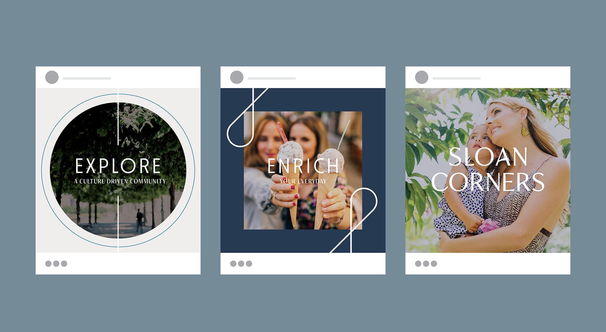 Three social media post mockups for Sloan Corners with "Explore," "Enrich," and lifestyle imagery - brand identity design by RSM Design