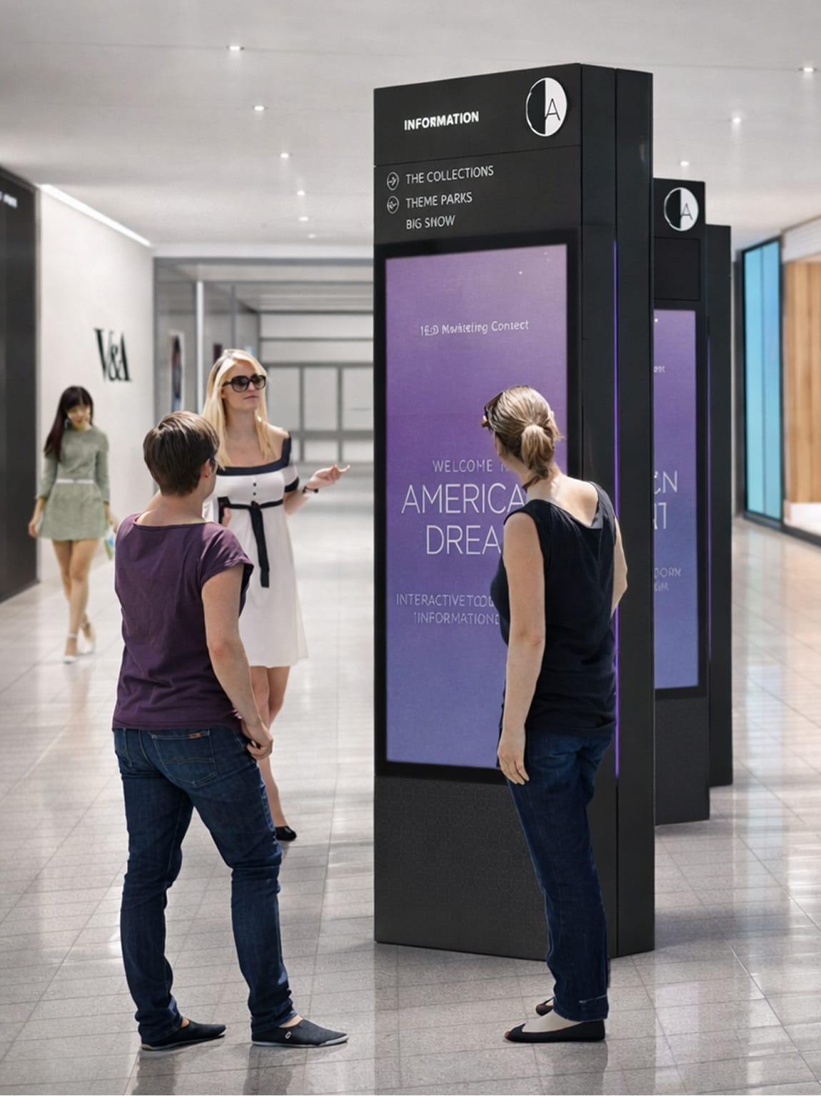 Architectural rendering of visitors interacting with interior digital interactive wayfinding kiosk towers at American Dream mall in East Rutherford, New Jersey, displaying a 'Welcome to American Dream' touchscreen interface with directional listings for The Collections, Theme Parks, and Big Snow — illustrating RSM Design's digital integration and interactive solutions, wayfinding signage design, and master sign program connecting people to place within a large-scale mixed-use retail and entertainment destination.