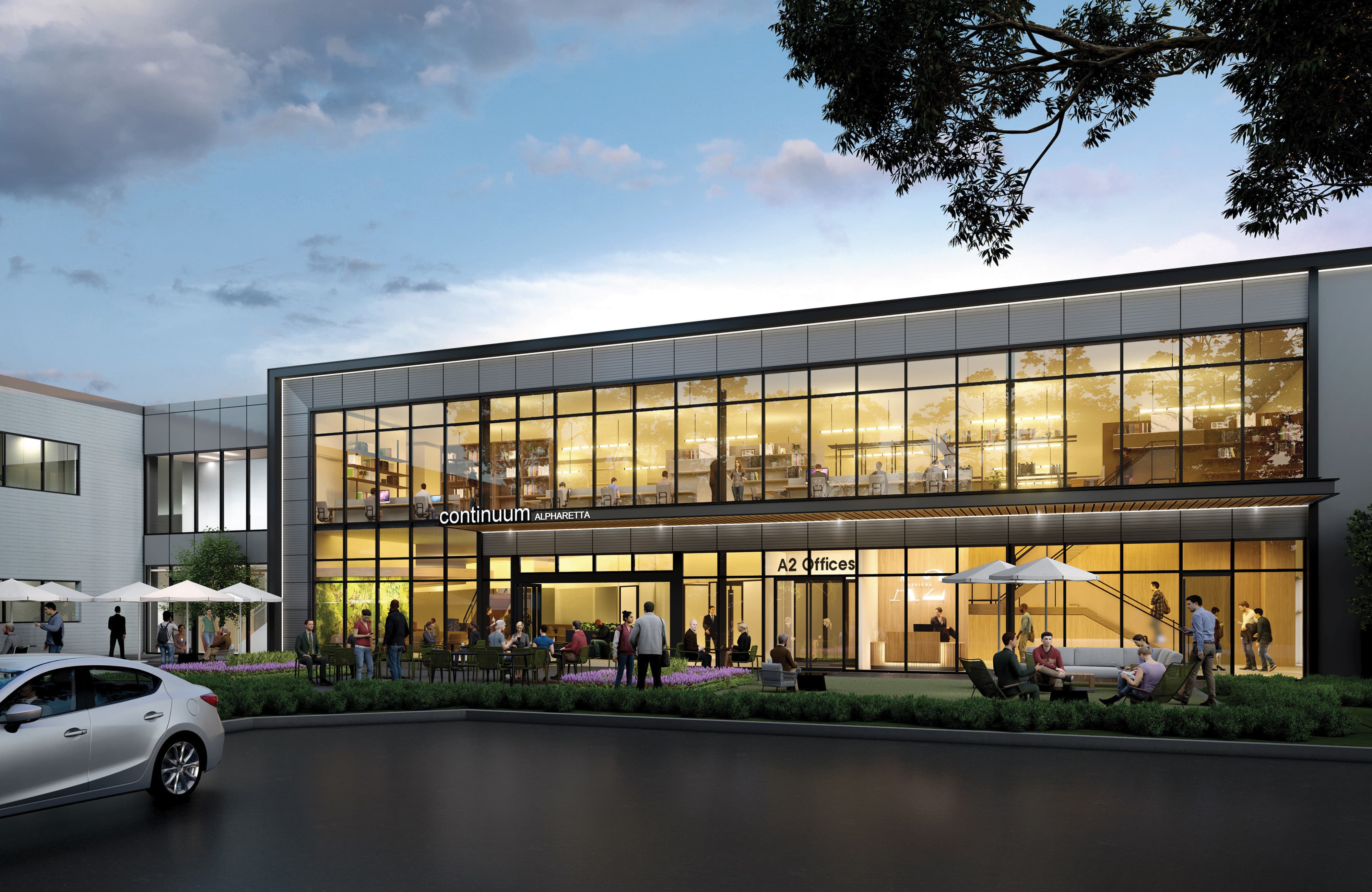 RSM Design photorealistic rendering of exterior building identity signage and placemaking for Continuum Alpharetta, depicting a warmly illuminated two-story glass facade at dusk with Continuum Alpharetta identity lettering and A2 Offices tenant signage, an activated outdoor gathering space with people socializing under umbrellas, and interior workspace activity visible through the full-height curtain wall, illustrating how environmental graphic design, visual identity, wayfinding and signage design, and branded environments are envisioned during the design process to create cohesive, human-centered mixed-use workplace, health and wellness, and residential community developments.