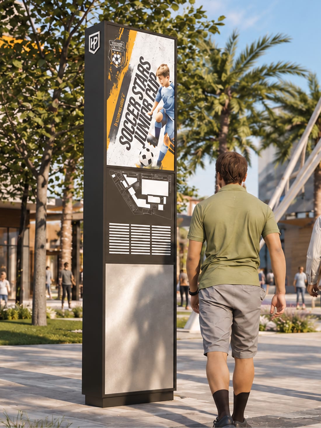 Rendering of a freestanding project directory with the HP shield mark, a site map, a destination listing, and an event poster for a youth soccer tournament, set along a tree-lined pedestrian plaza, Hylo Park, Las Vegas, wayfinding design by RSM Design.