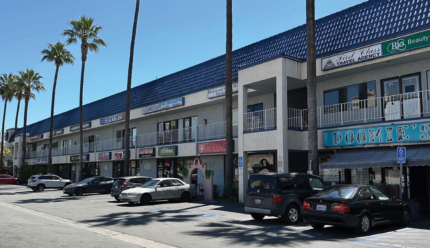 Before and after transformation of The Vine retail center in Los Angeles, showing the original dated strip mall with minimal signage and the redesigned mixed-use environment featuring updated storefront architecture, cohesive tenant signage, outdoor dining, and enhanced pedestrian streetscape by RSM Design.