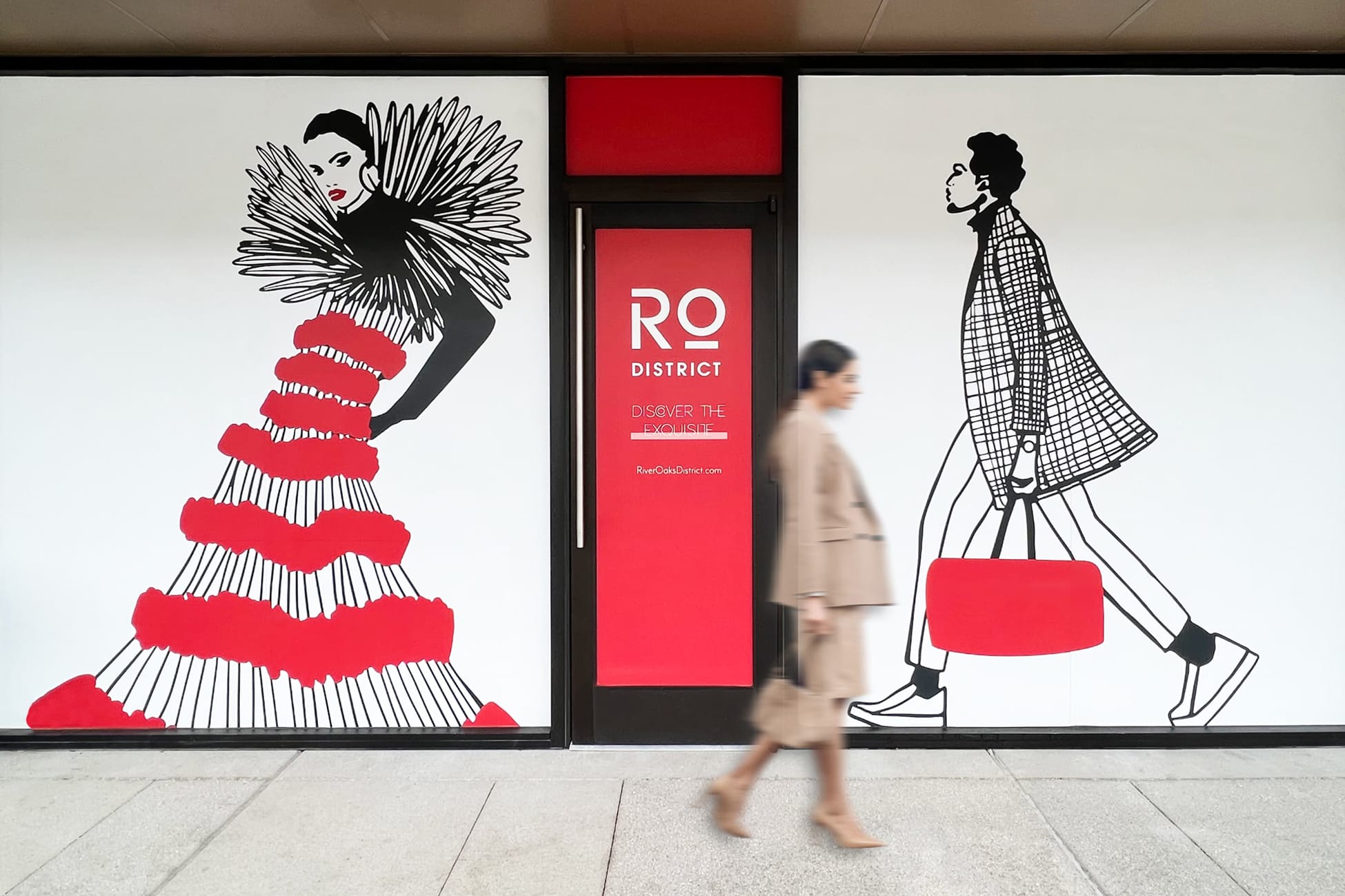River Oaks District Houston storefront window graphics with illustrated fashion figures in red and black, environmental graphic design by RSM Design