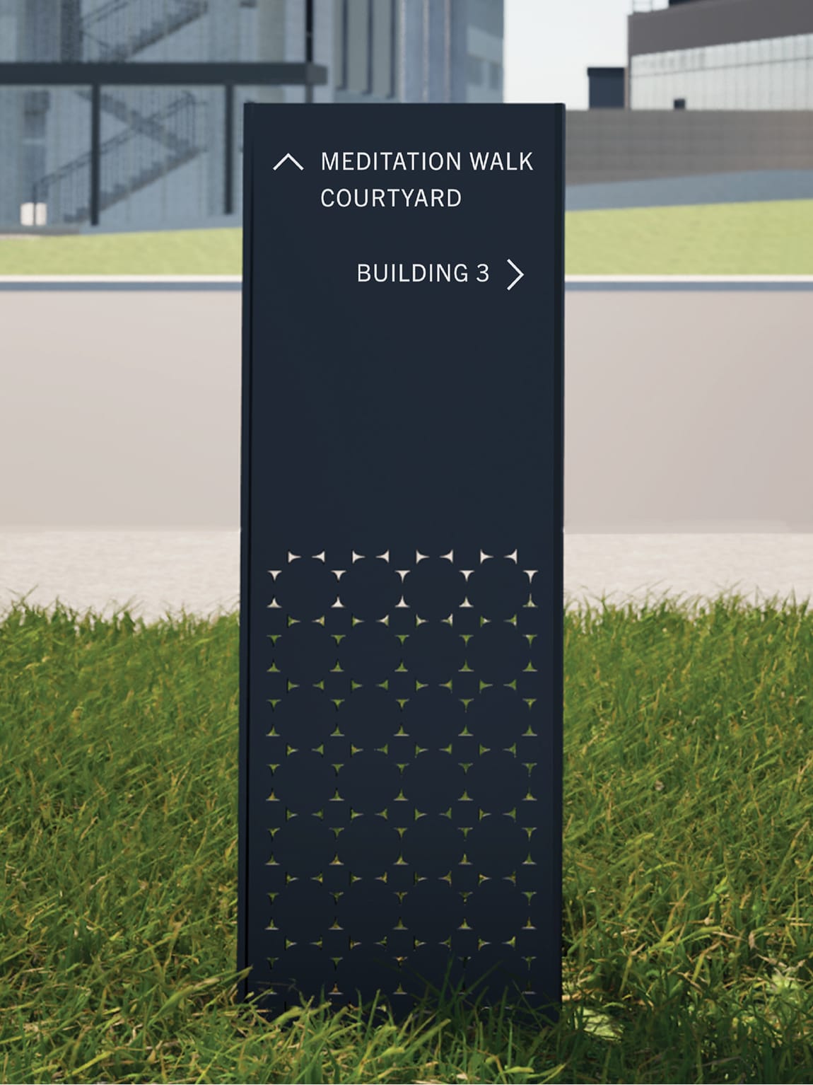 The North Rim meditation walk directional sign with perforated pattern, wayfinding design by RSM Design