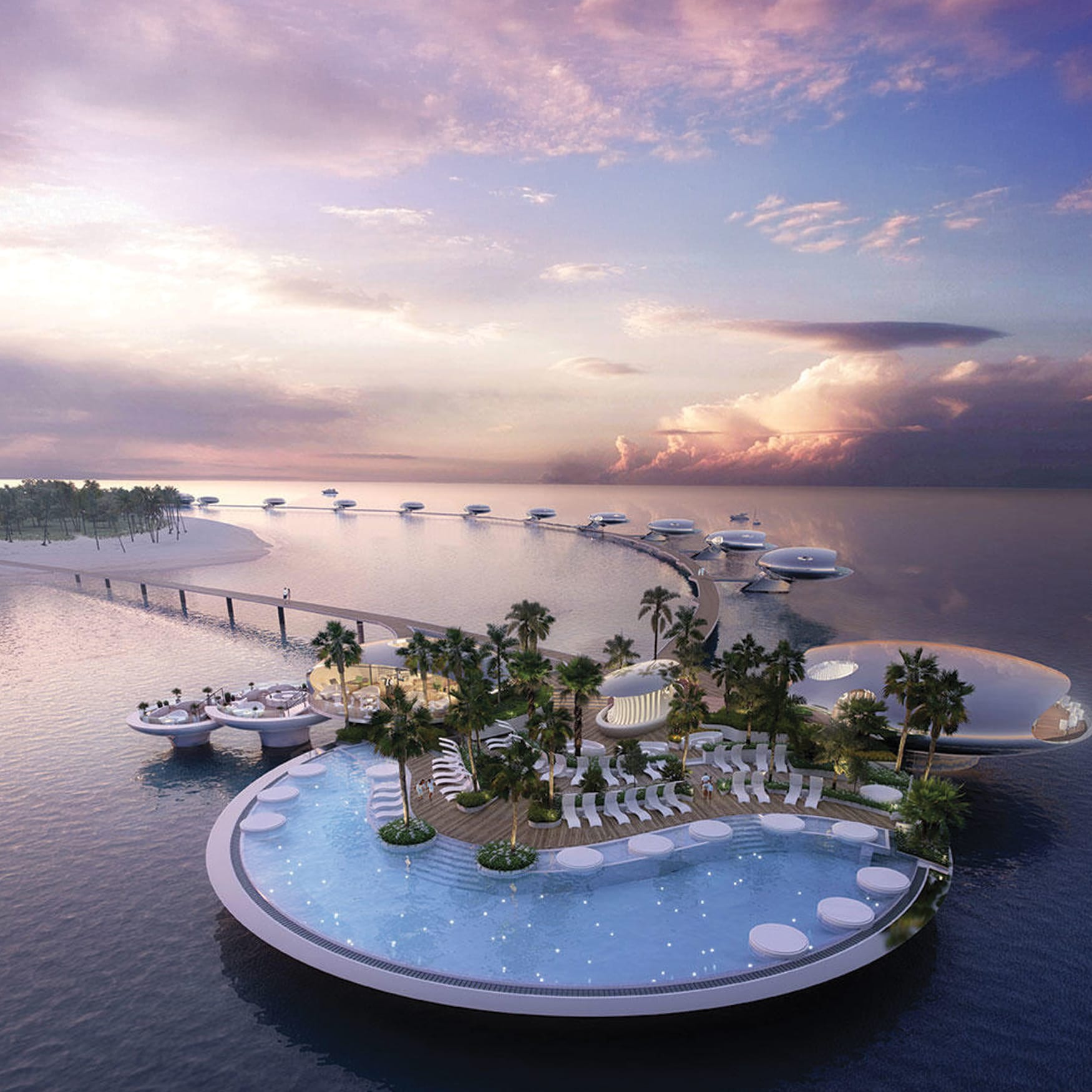 Futuristic Sheybarah Island resort aerial view featuring overwater villa pods and a circular infinity pool in the Red Sea, Saudi Arabia.
