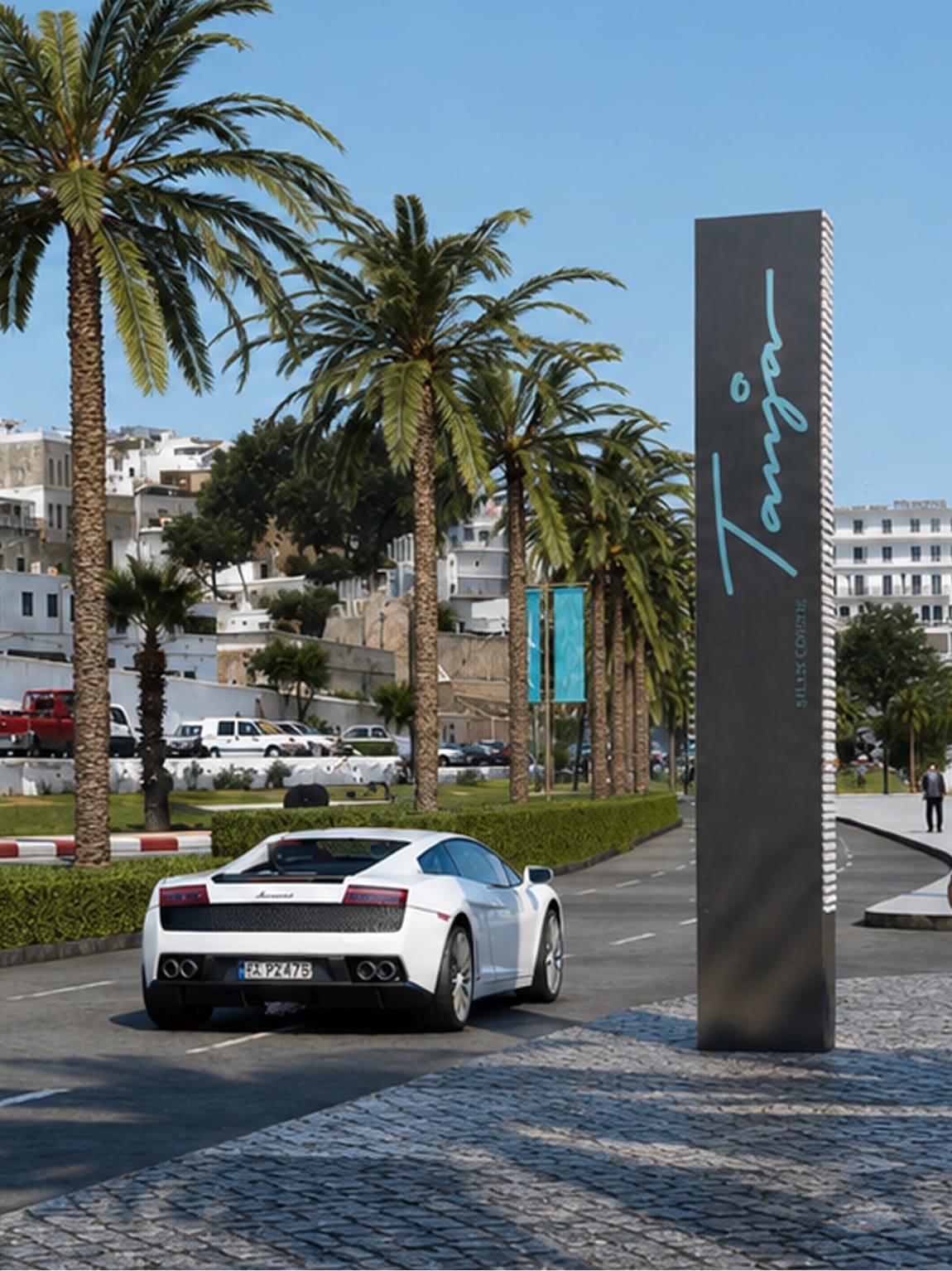 Rendering of a white sports car driving past a tall dark monument sign with a script 'Tanja' logo, lined with palm trees, overlooking a Mediterranean coastal town with white hillside buildings in the background.