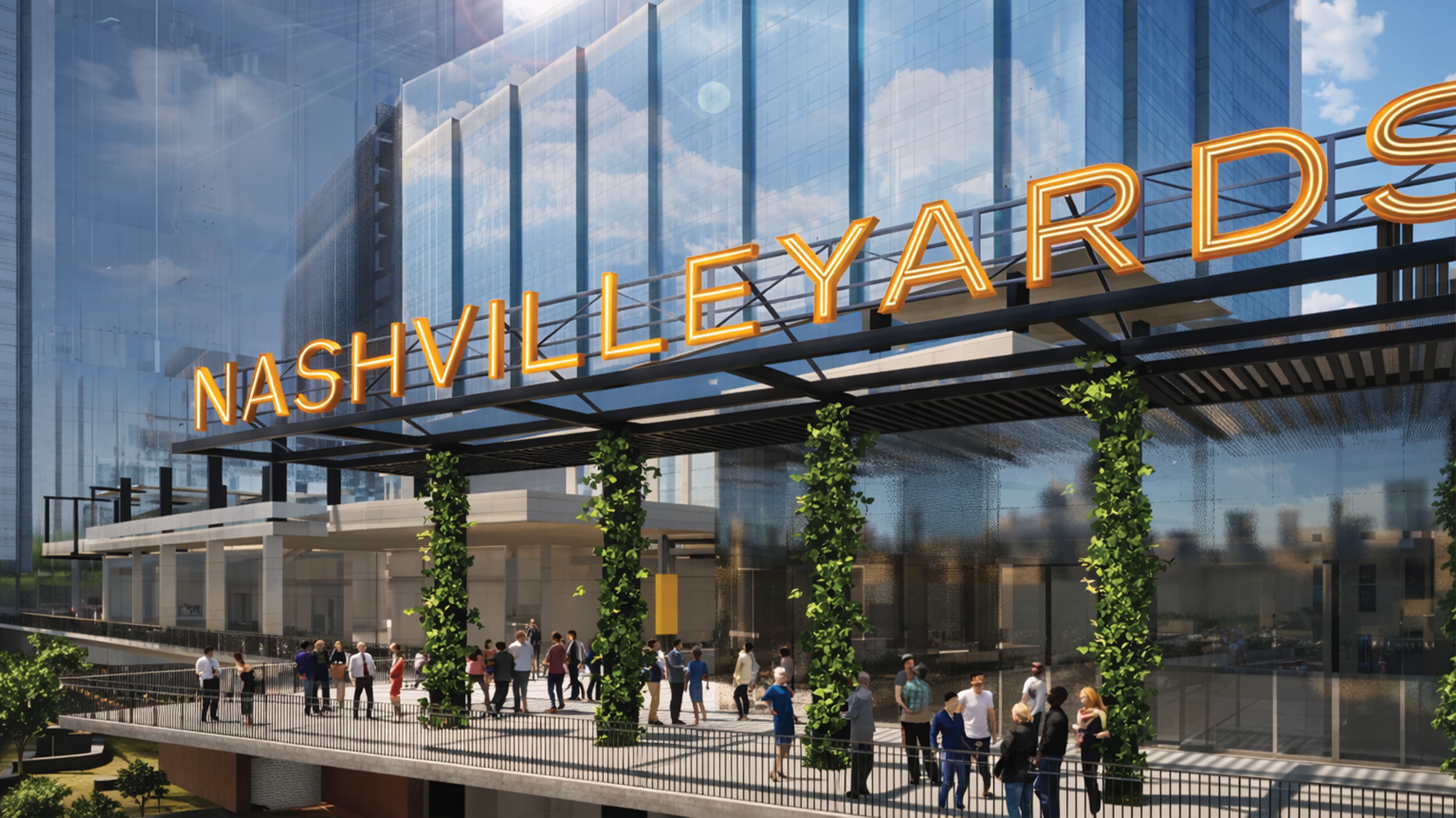 Architectural rendering of large-scale illuminated "Nashville Yards" channel letter signage spanning a pedestrian bridge amid vine-covered columns at a mixed-use waterfront development, showcasing experiential graphics, placemaking, and master sign program design by RSM Design.