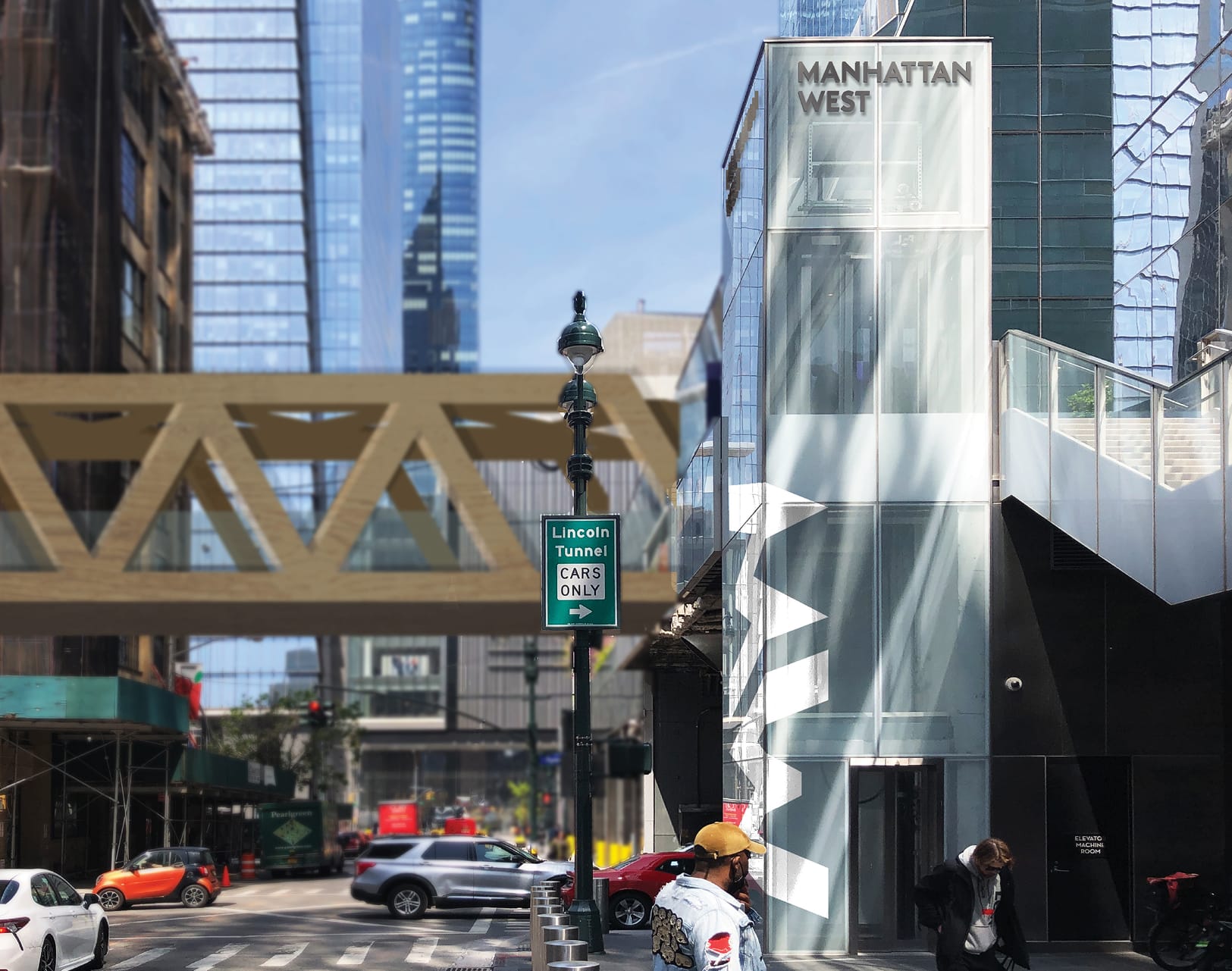 "Manhattan West" building sign with a large "MW" graphic on a glass elevator tower along a Midtown Manhattan street - environmental graphic design by RSM Design