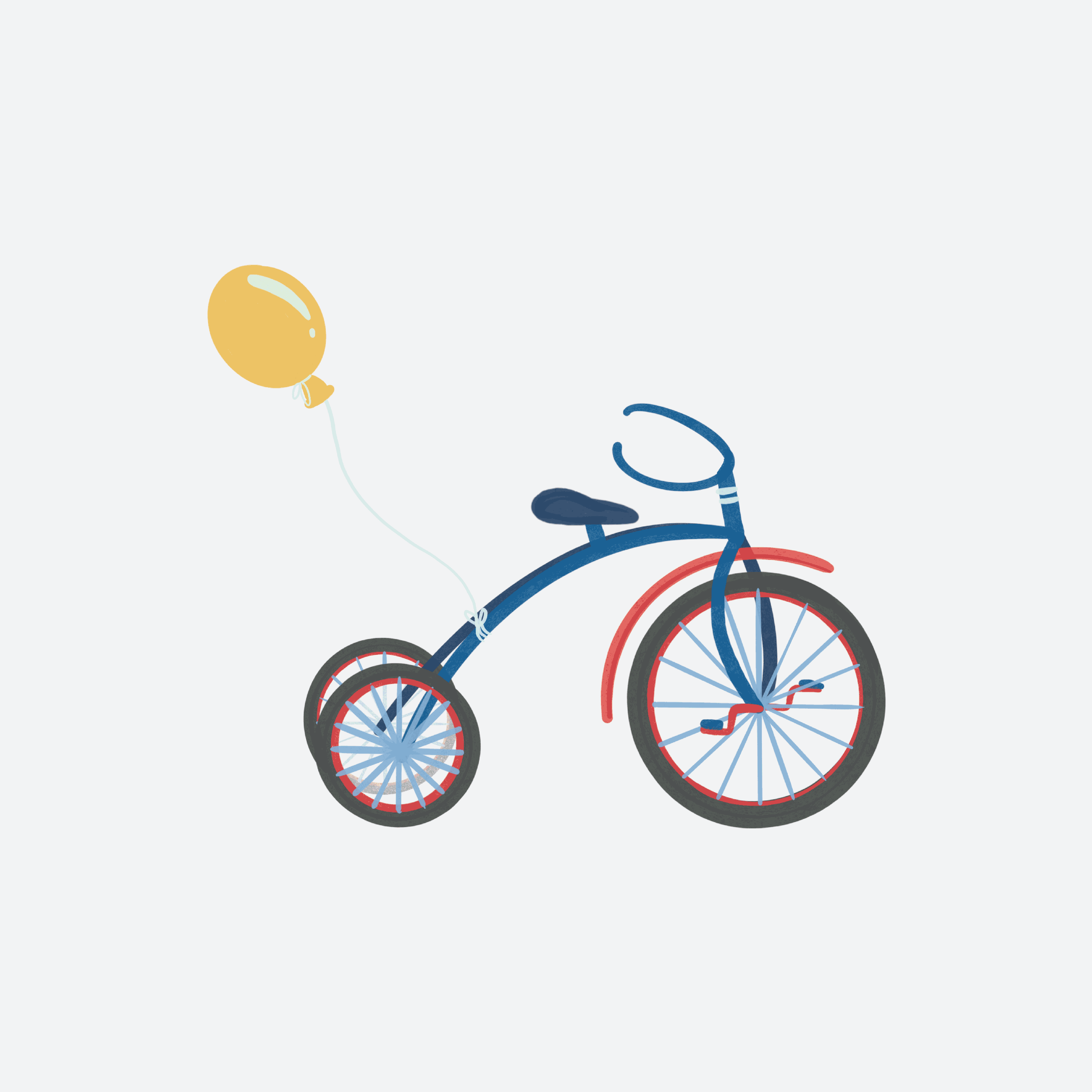A hand-painted style brand illustration for Balboa Fun Zone depicting a navy and red tricycle with a golden yellow balloon tied to the handlebars on a soft gray background — exemplifying RSM Design's branding and visual identity and specialty graphics approach to creating joyful, character-driven imagery that reinforces a sense of place within the waterfront and mixed-use markets