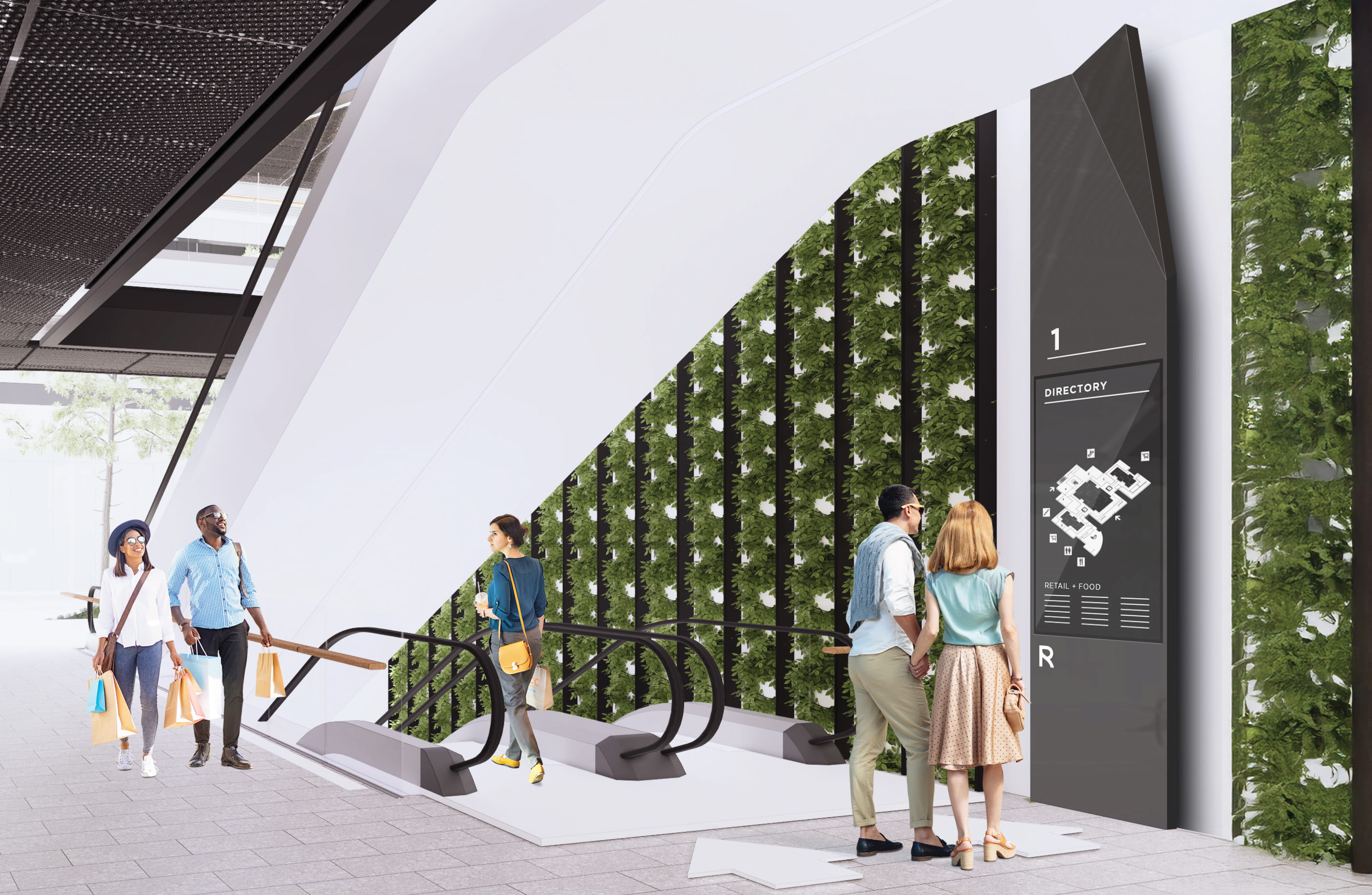 An architectural rendering of a Royalmount interior circulation space featuring a tall dark charcoal directory and map sign panel with floor number, site plan, and retail and food tenant listings bearing the "R" logomark, positioned beside a dramatic living green wall and escalator with shoppers navigating the space — demonstrating RSM Design's wayfinding and signage design, environmental graphic design, and placemaking services integrated within the mixed-use, retail, and international markets