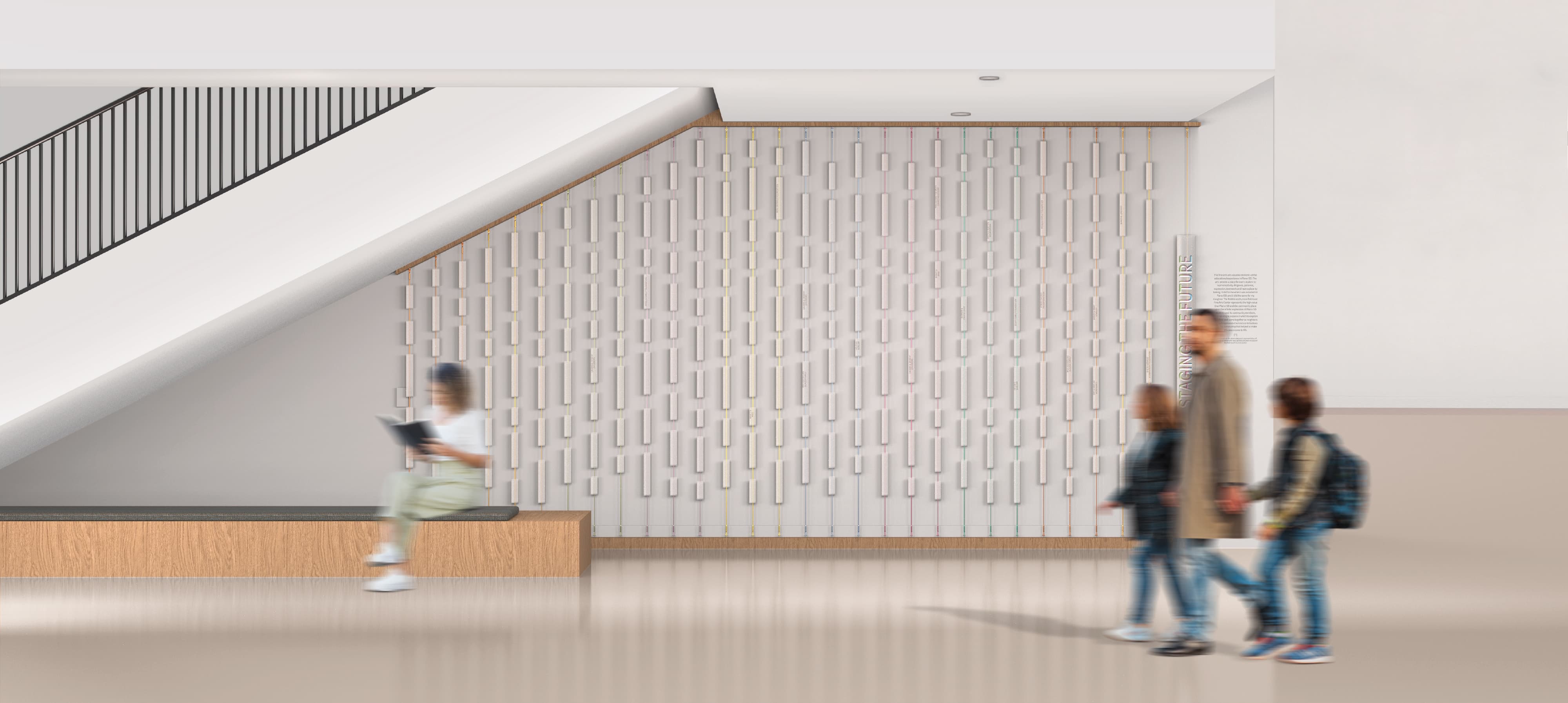 Large-scale donor recognition installation integrated into an interior architectural wall, showcasing environmental graphic design, experiential storytelling, and placemaking within a higher education campus environment.